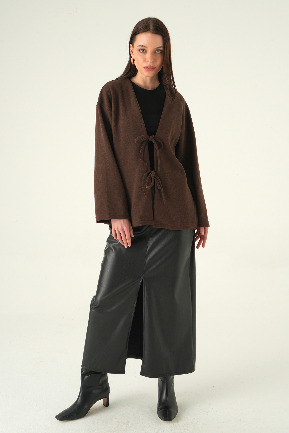 Kahve Ön Bağlamalı Uzun Kimono 3072A - 3