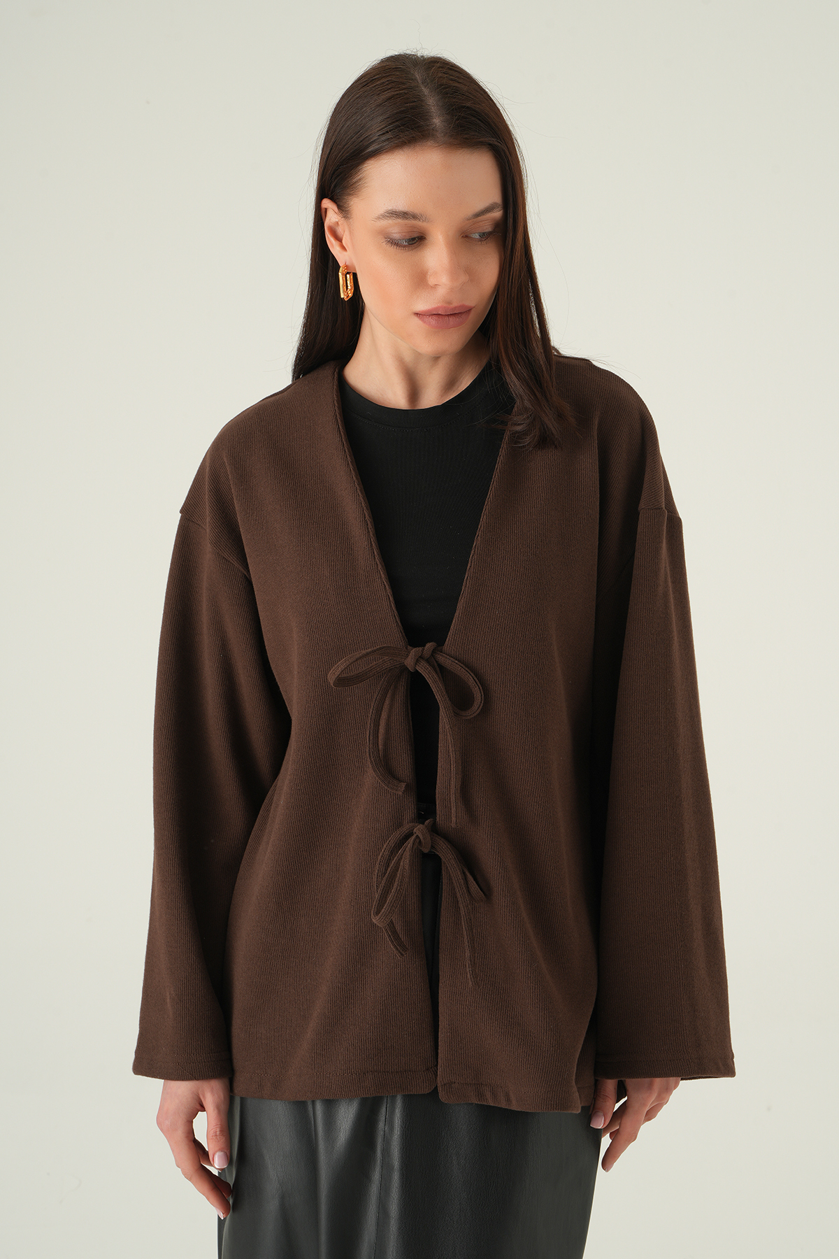 Kahve Ön Bağlamalı Uzun Kimono 3072A - 6