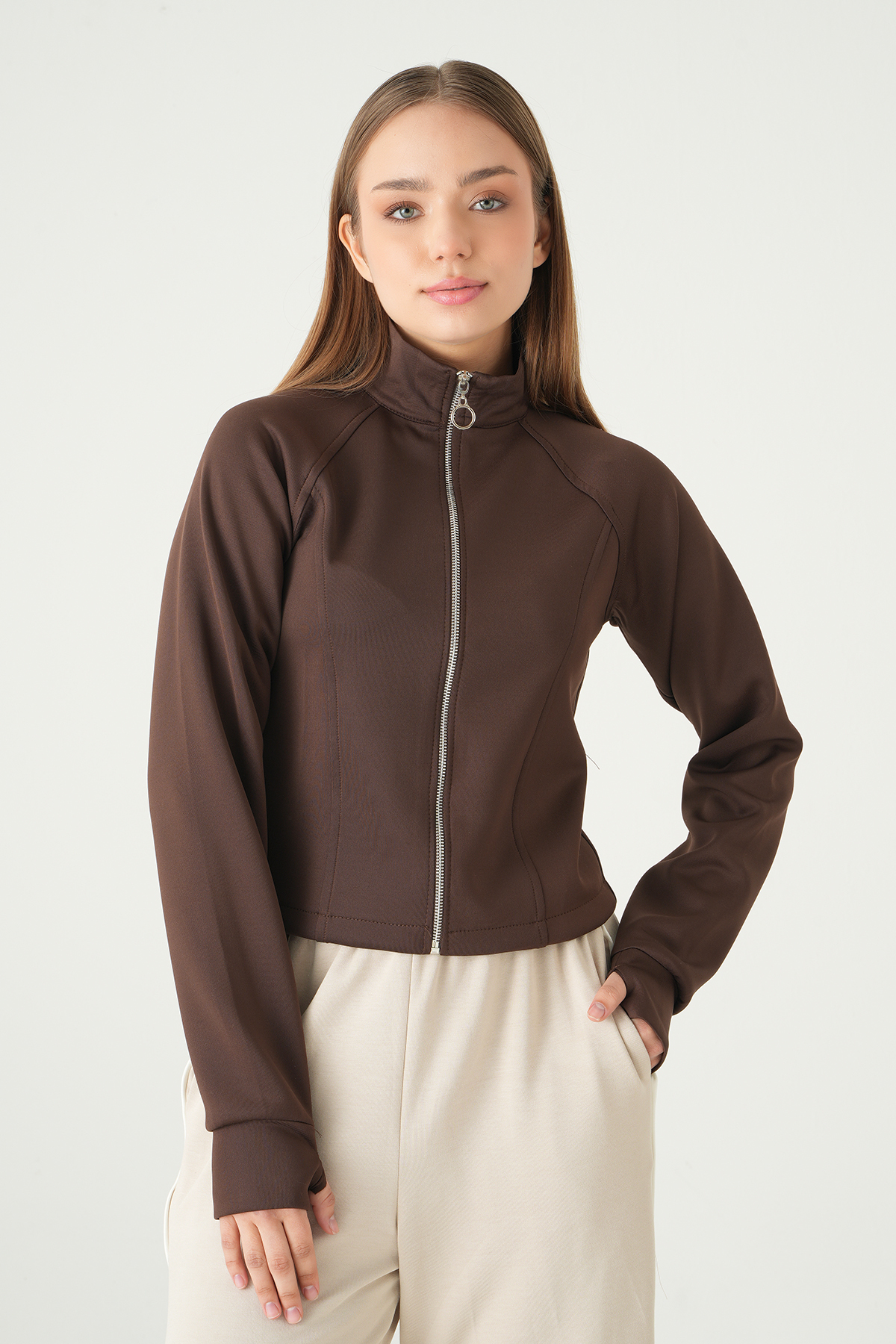Kahve Ön Fermuarlı Kısa Hırka 3074A - RAYS (1)