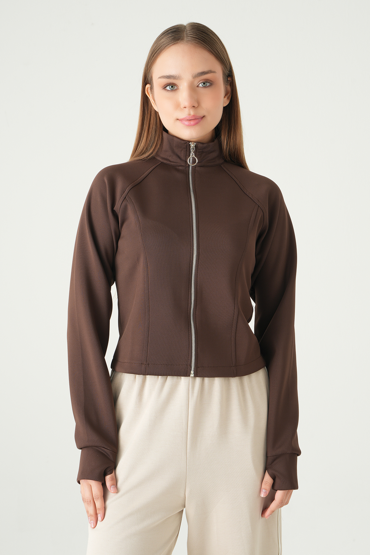 Kahve Ön Fermuarlı Kısa Hırka 3074A - 1