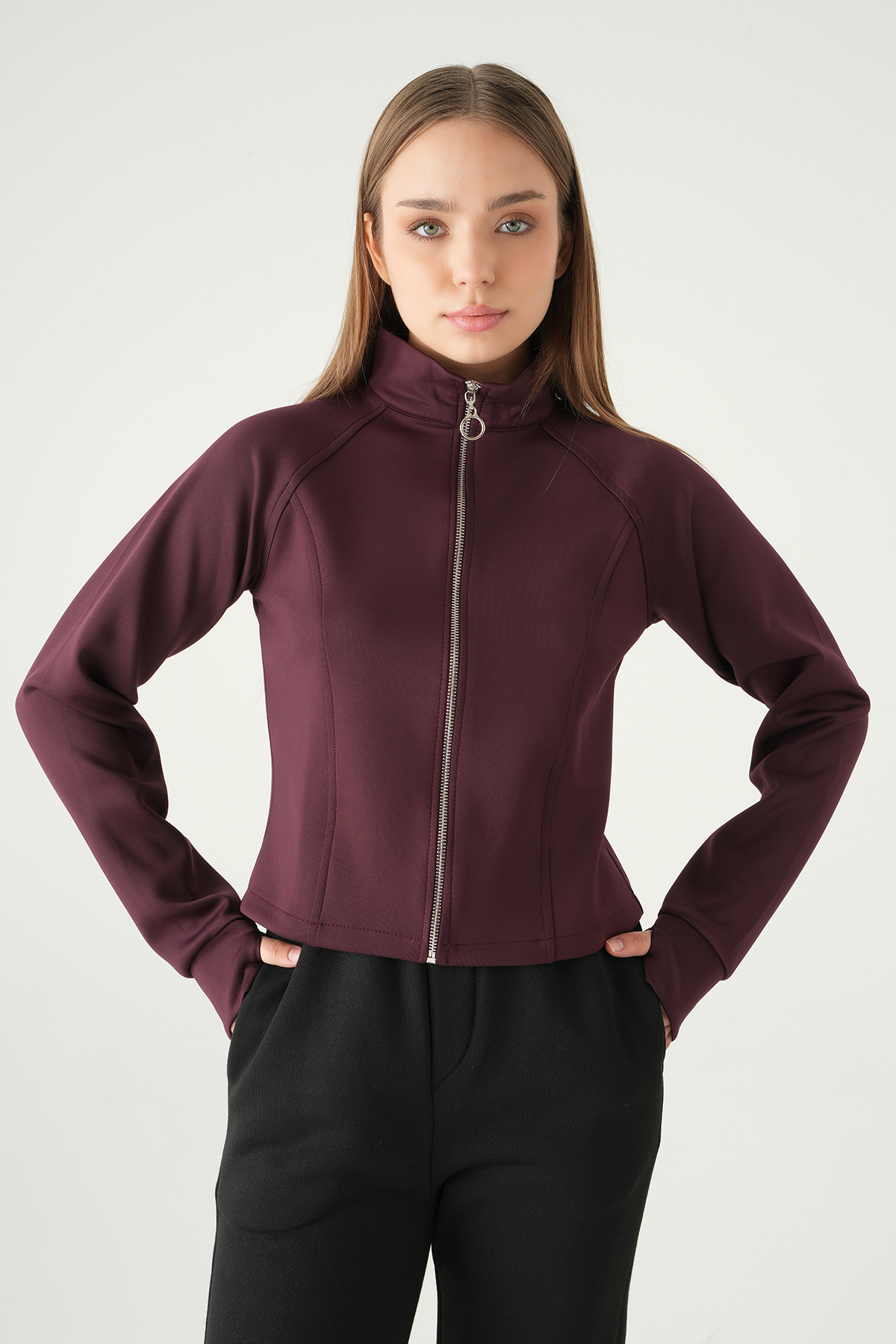 Mürdüm Ön Fermuarlı Kısa Hırka 3074A - 1