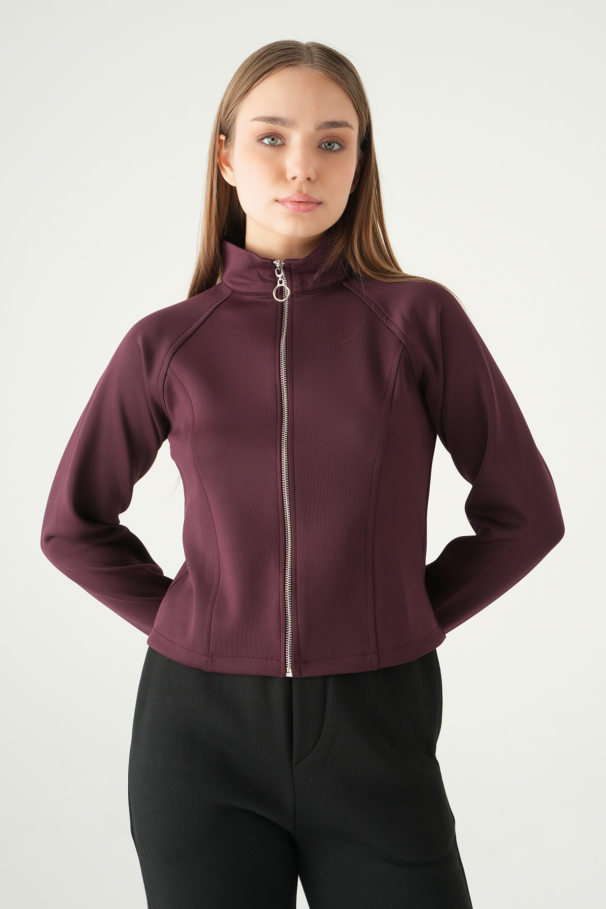 Mürdüm Ön Fermuarlı Kısa Hırka 3074A - 2