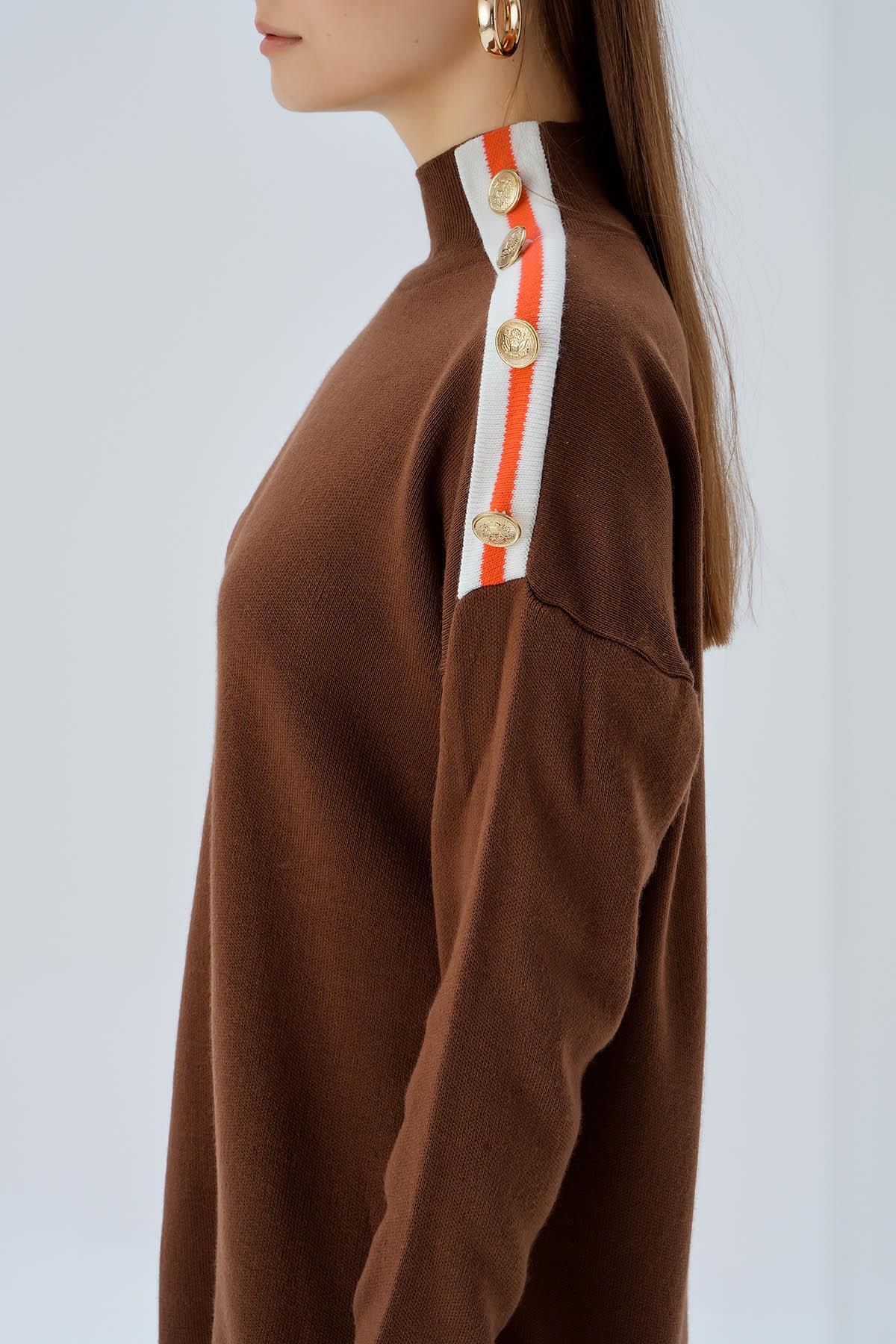 Kahve Omuz Şerit Detay Düğmeli Kazak 3075 - 6