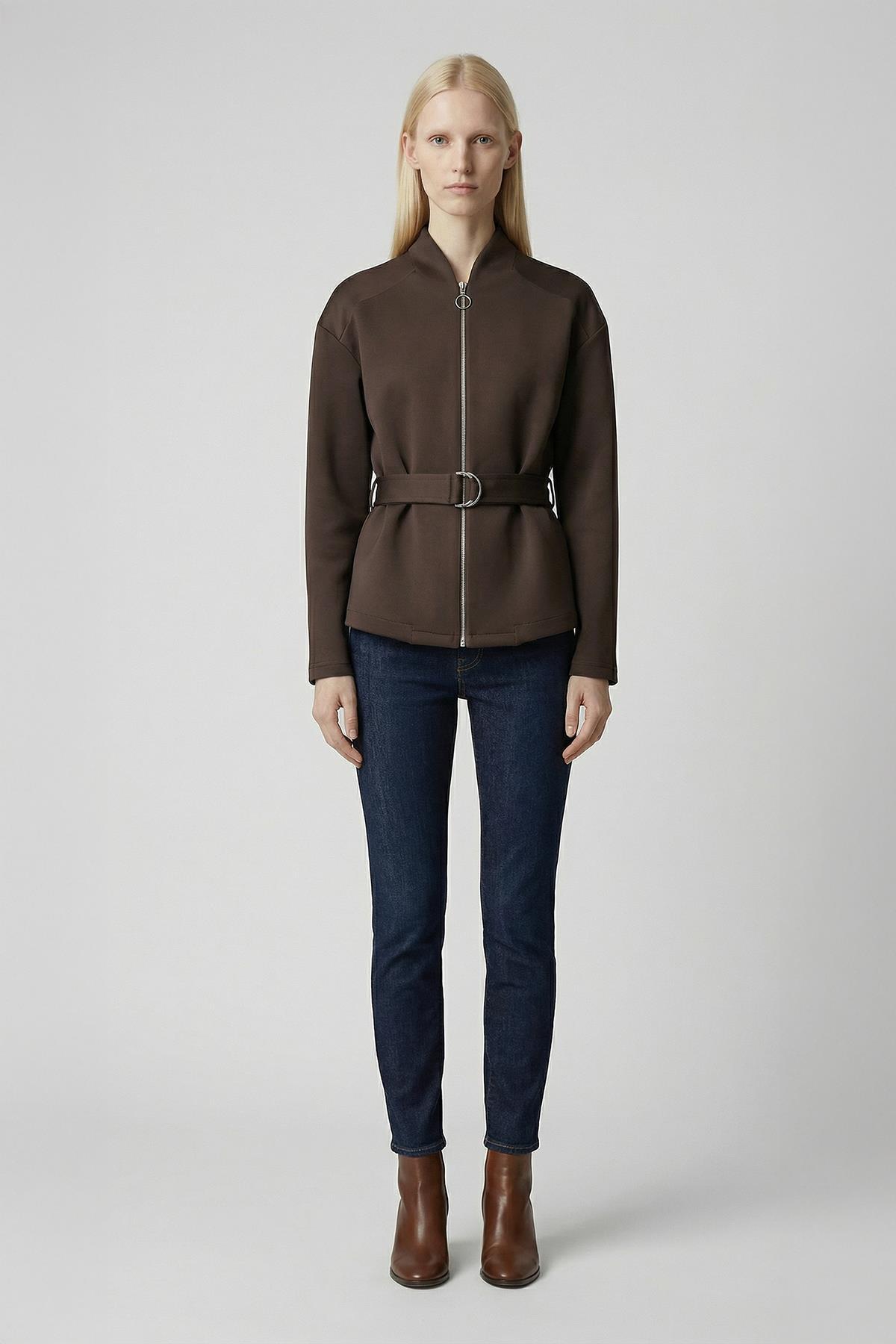 3075A Bel Bağlamalı Fermuarlı Hırka Kahve - RAYS