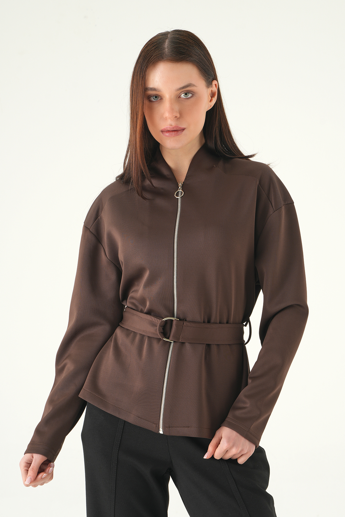 Kahve Bel Bağlamalı Fermuarlı Hırka 3075A - 2