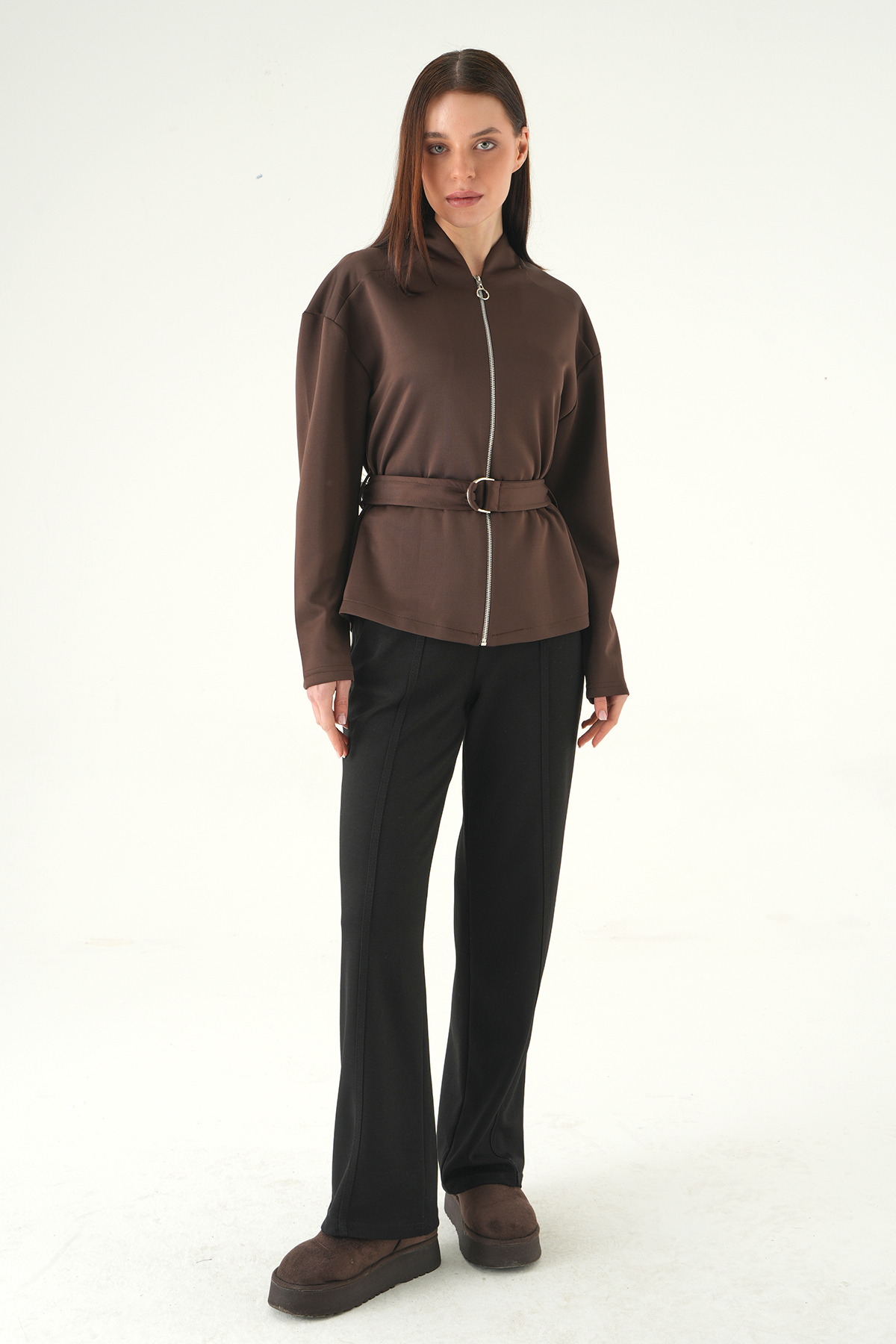 Kahve Bel Bağlamalı Fermuarlı Hırka 3075A - RAYS