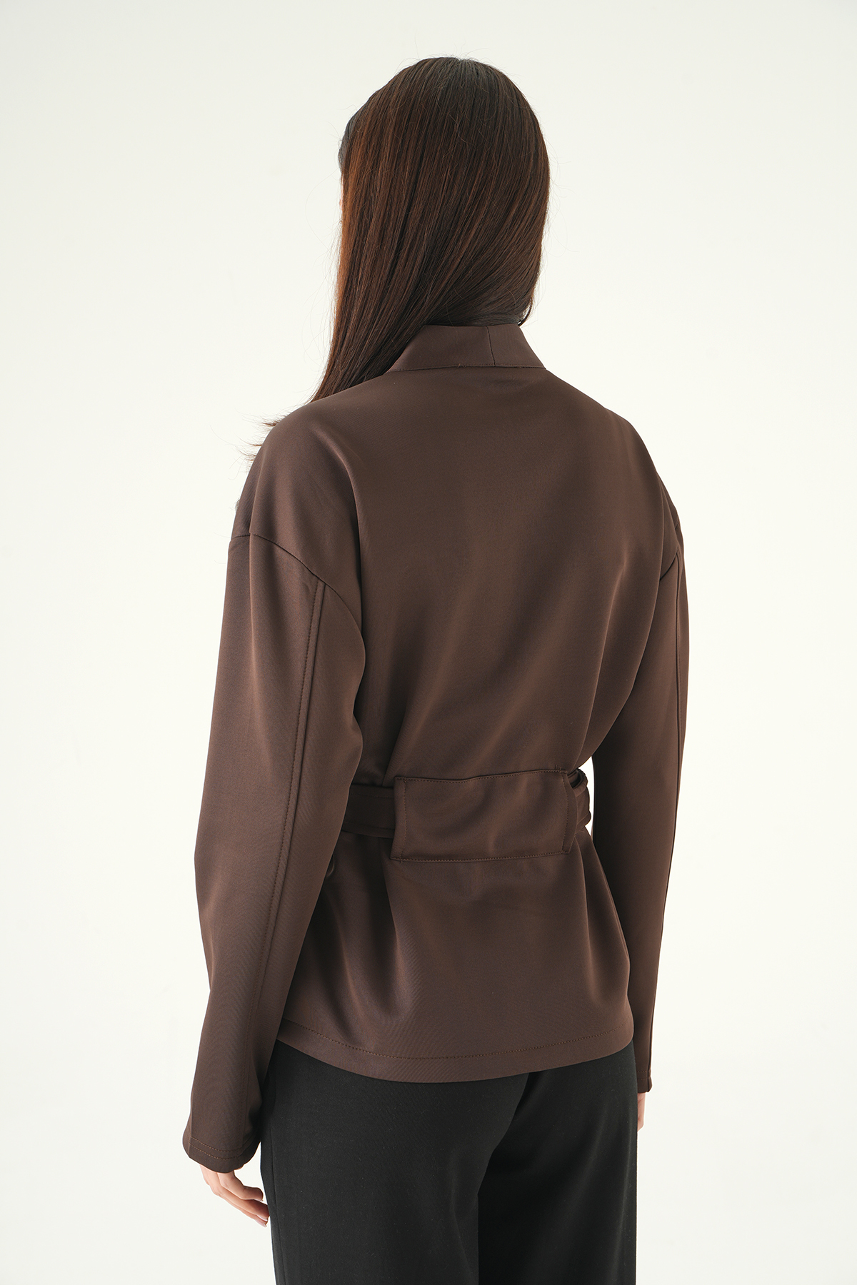 Kahve Bel Bağlamalı Fermuarlı Hırka 3075A - 5