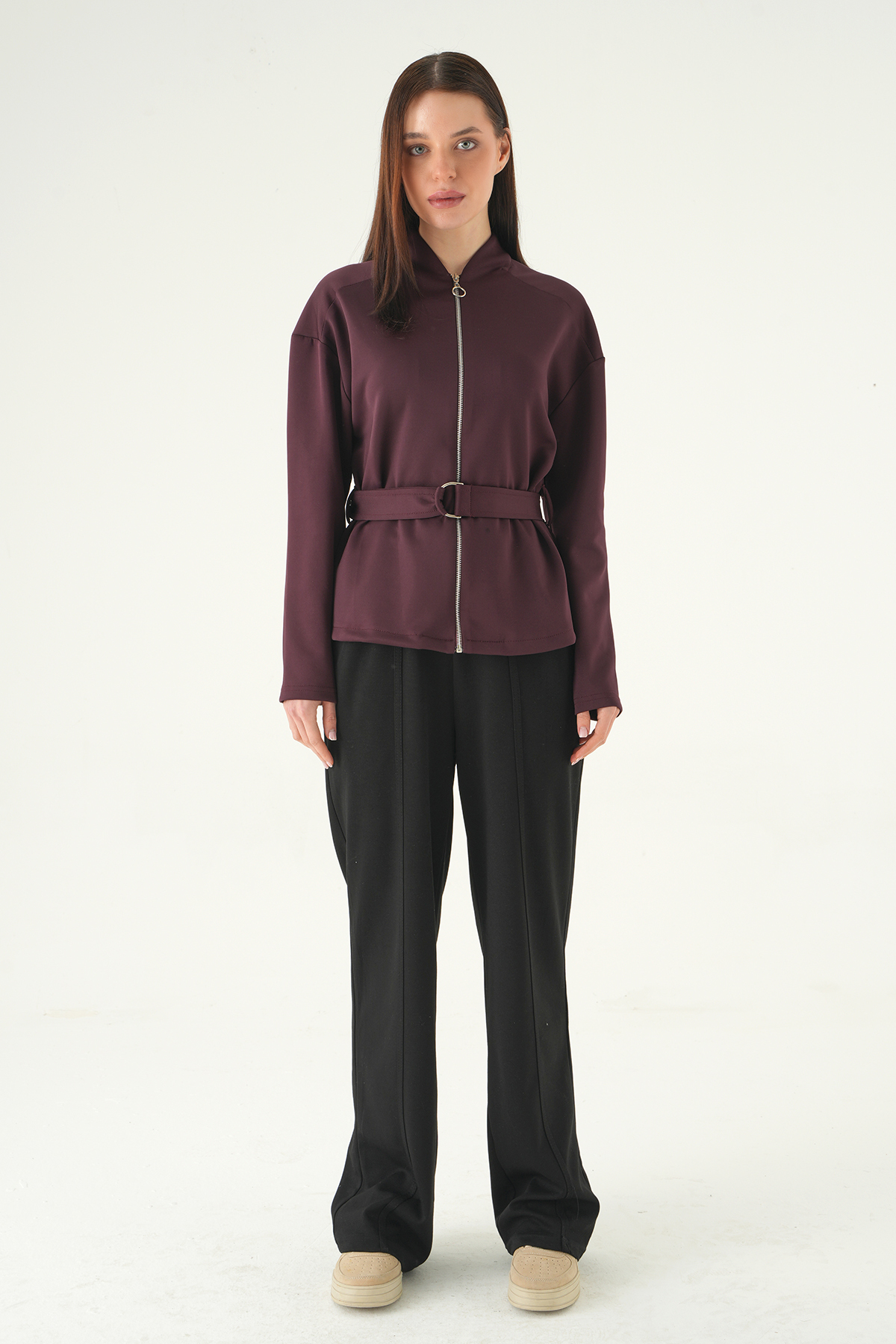 3075A Bel Bağlamalı Fermuarlı Hırka Mürdüm - RAYS