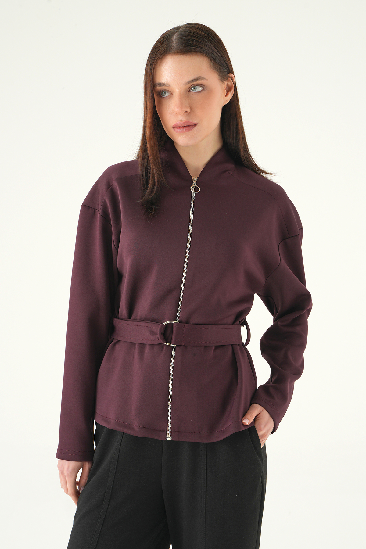 Mürdüm Bel Bağlamalı Fermuarlı Hırka 3075A - 2