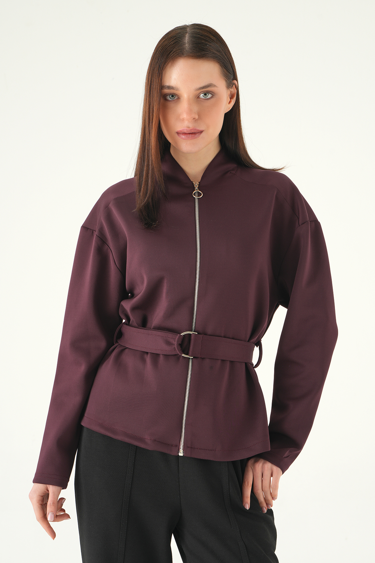 Bel Bağlamalı Fermuarlı Hırka 3075A Mürdüm - RAYS