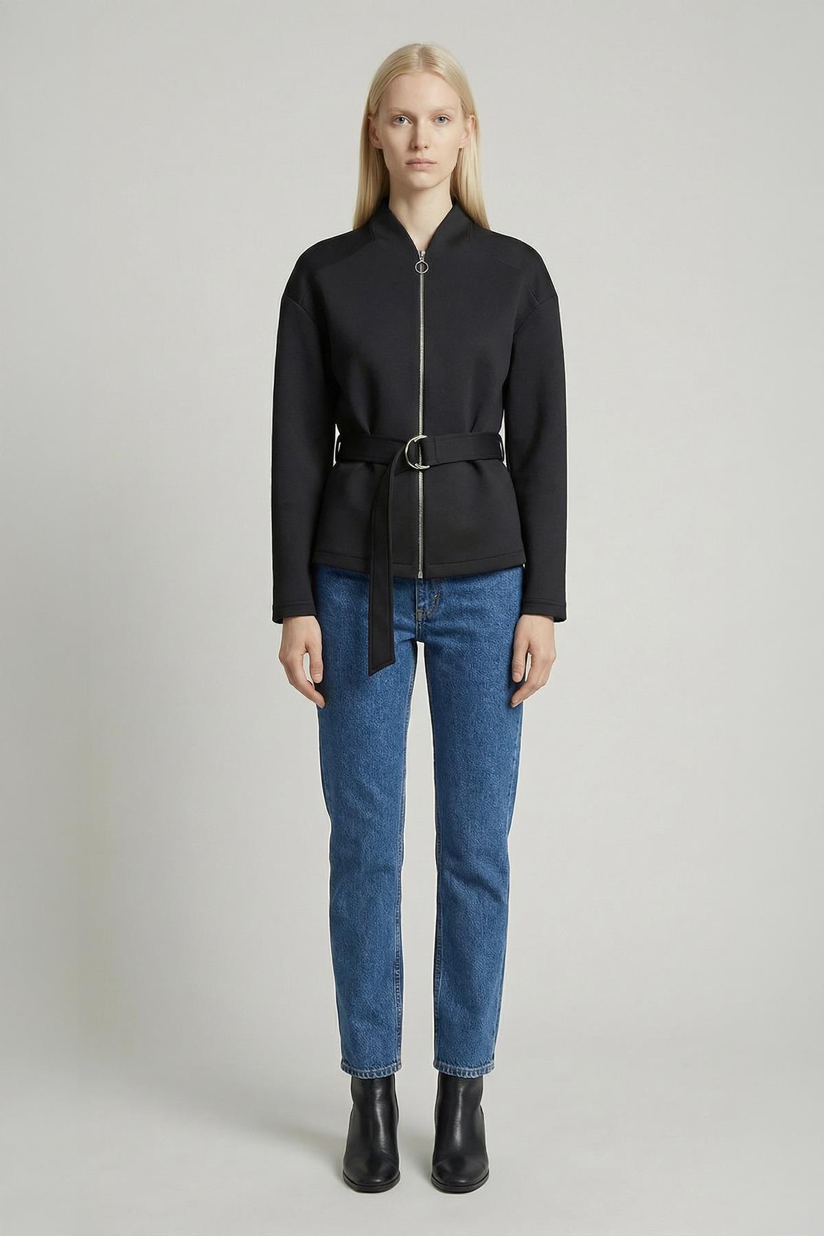 3075A Bel Bağlamalı Fermuarlı Hırka Siyah - 1