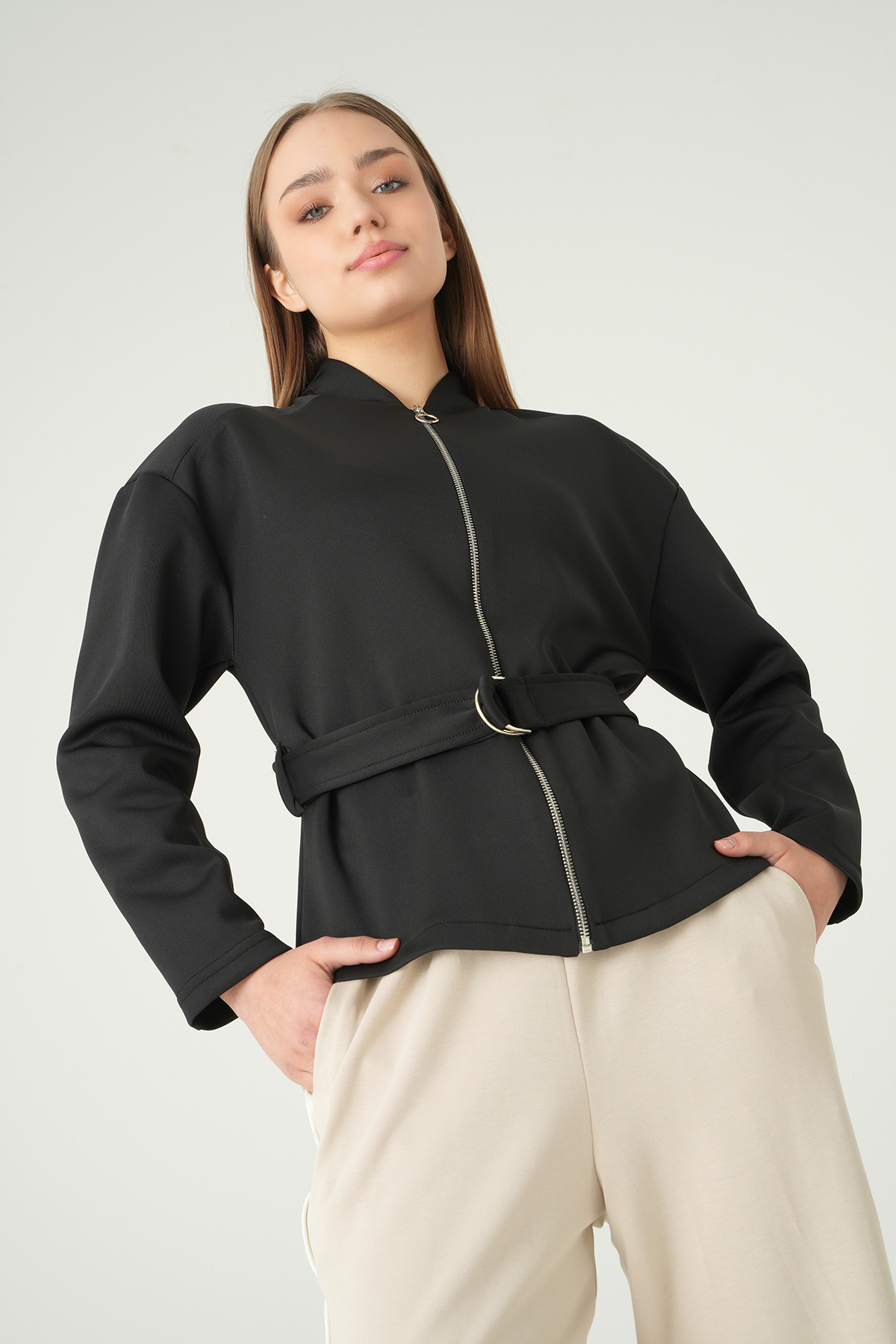 3075A Bel Bağlamalı Fermuarlı Hırka Siyah - RAYS