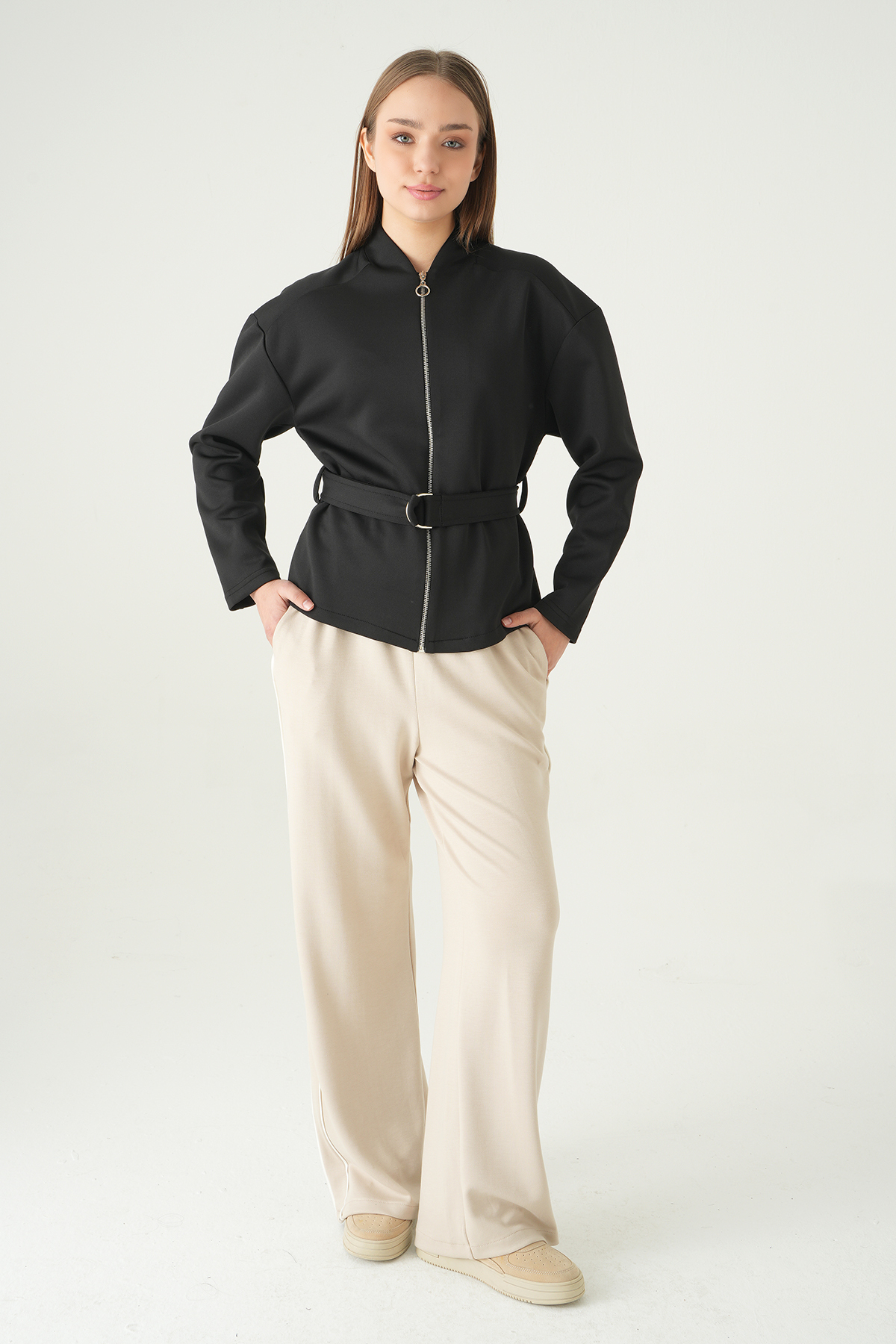 3075A Bel Bağlamalı Fermuarlı Hırka Siyah - RAYS