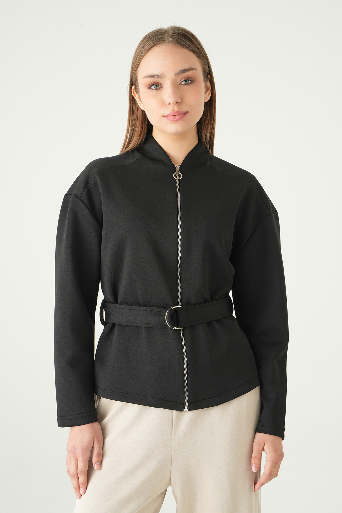 3075A Bel Bağlamalı Fermuarlı Hırka Siyah - RAYS