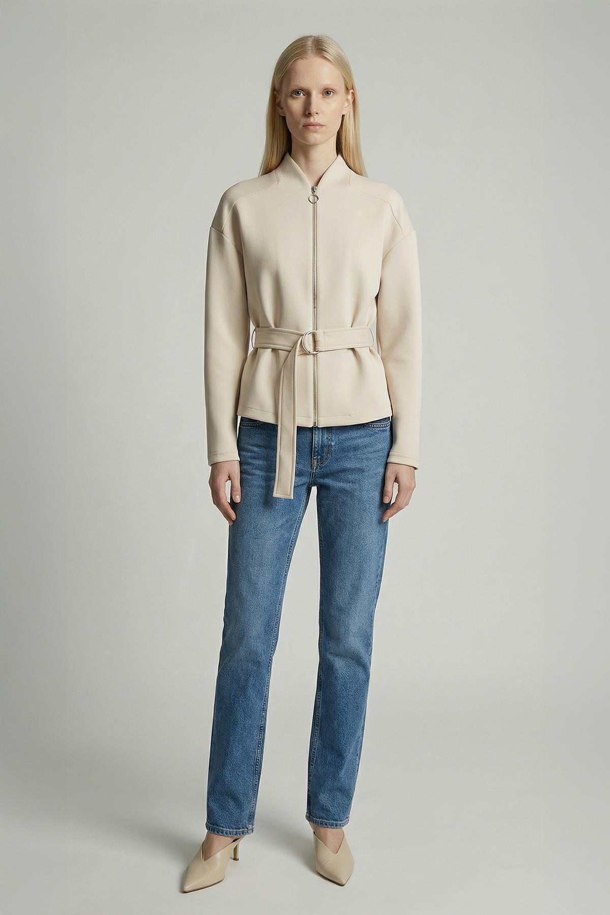 3075A Bel Bağlamalı Fermuarlı Hırka Taş - 1