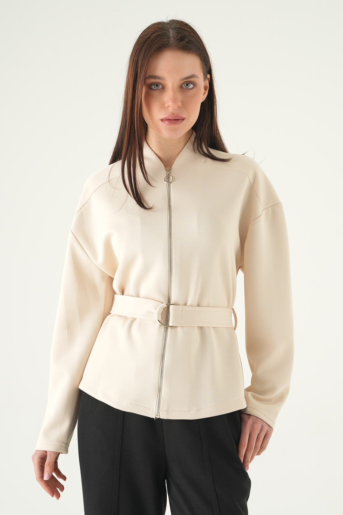 3075A Bel Bağlamalı Fermuarlı Hırka Taş 