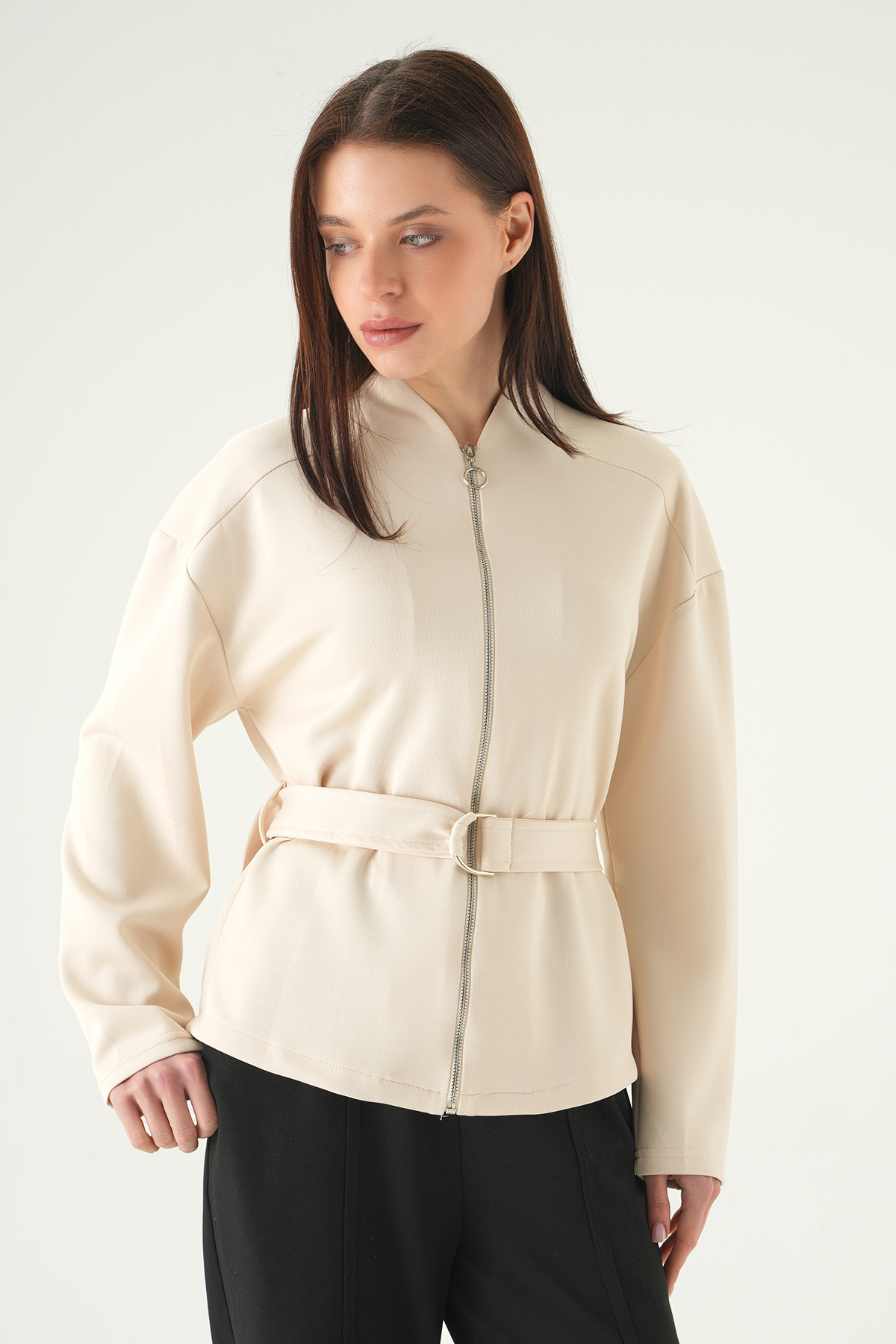 3075A Bel Bağlamalı Fermuarlı Hırka Taş - RAYS (1)