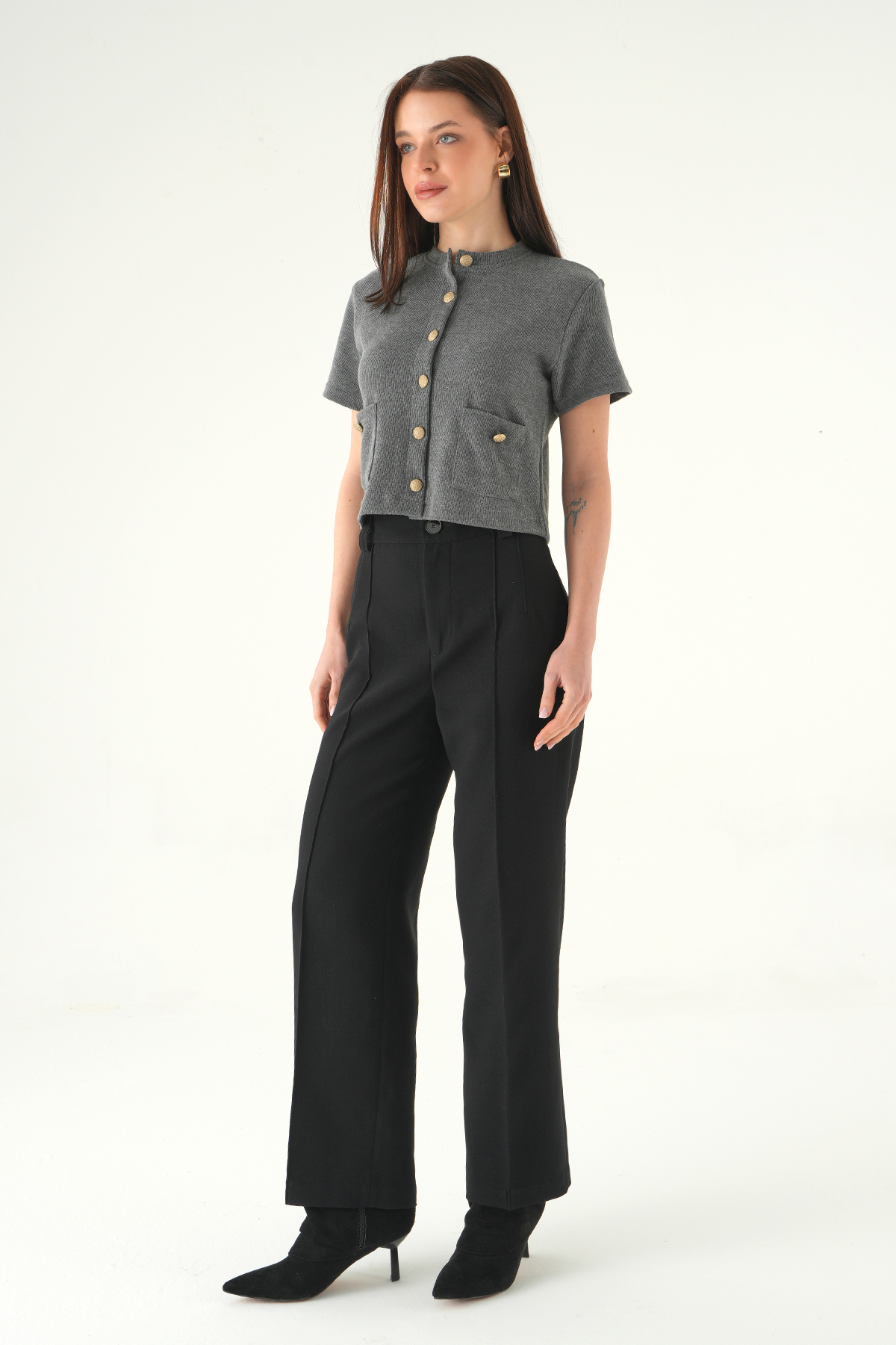 Antrasit Ön Cepli Düğmeli Bluz 3076A - 3