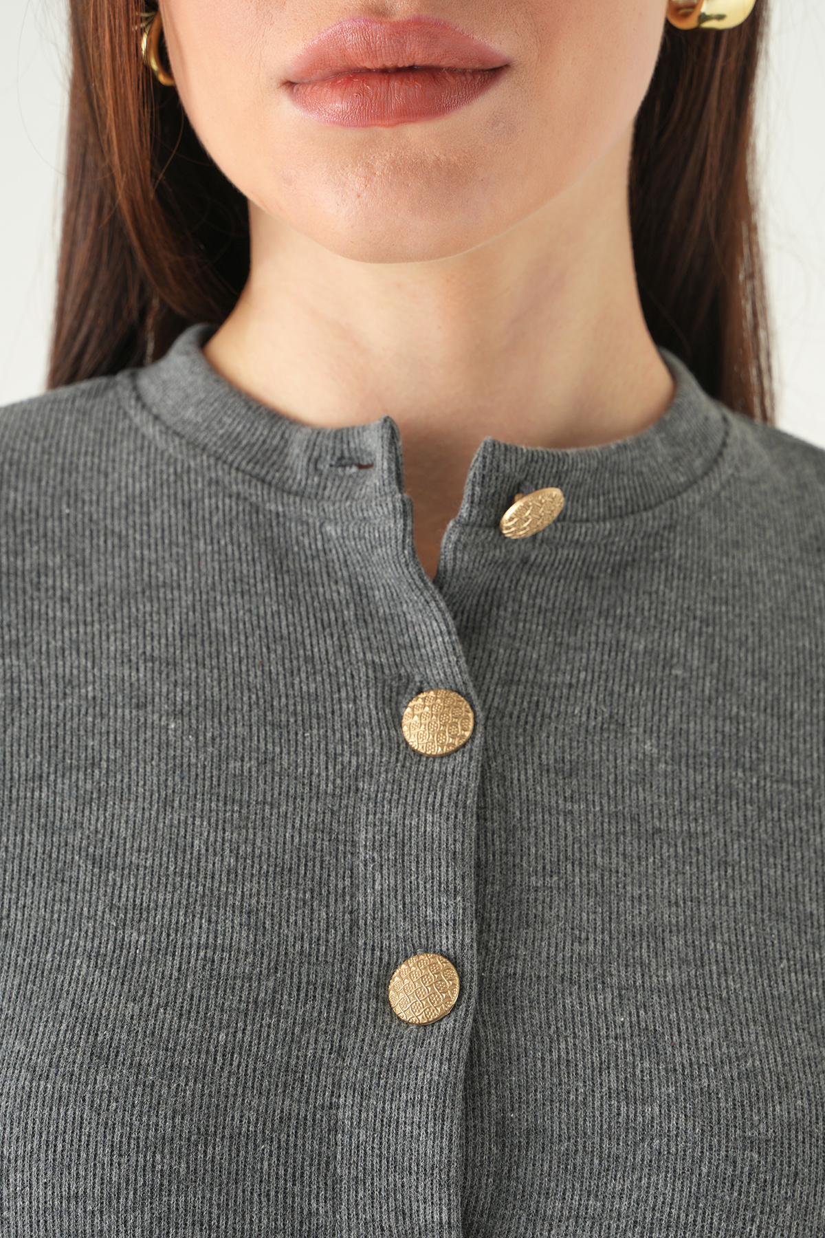 Antrasit Ön Cepli Düğmeli Bluz 3076A - 4