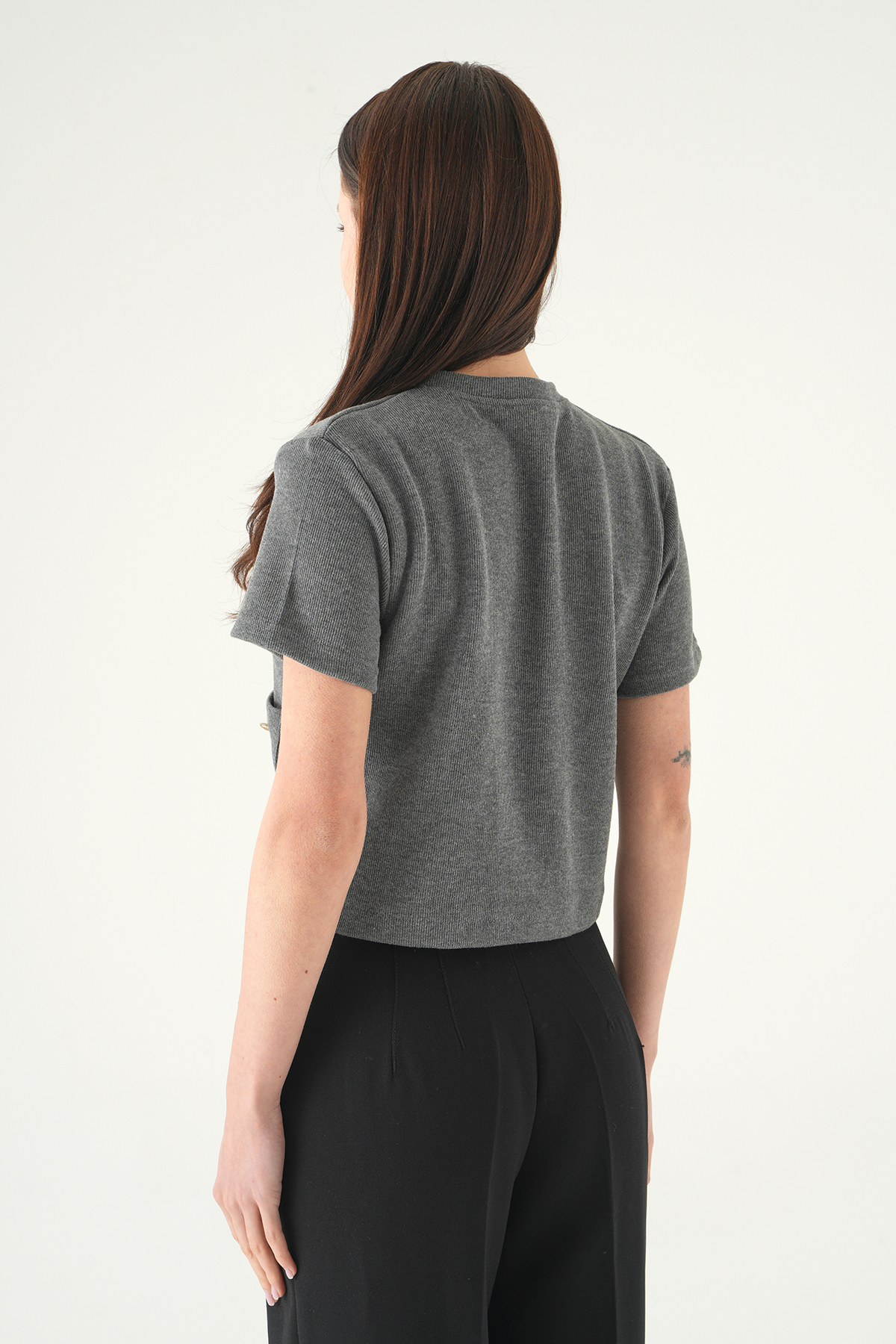 Antrasit Ön Cepli Düğmeli Bluz 3076A - 5