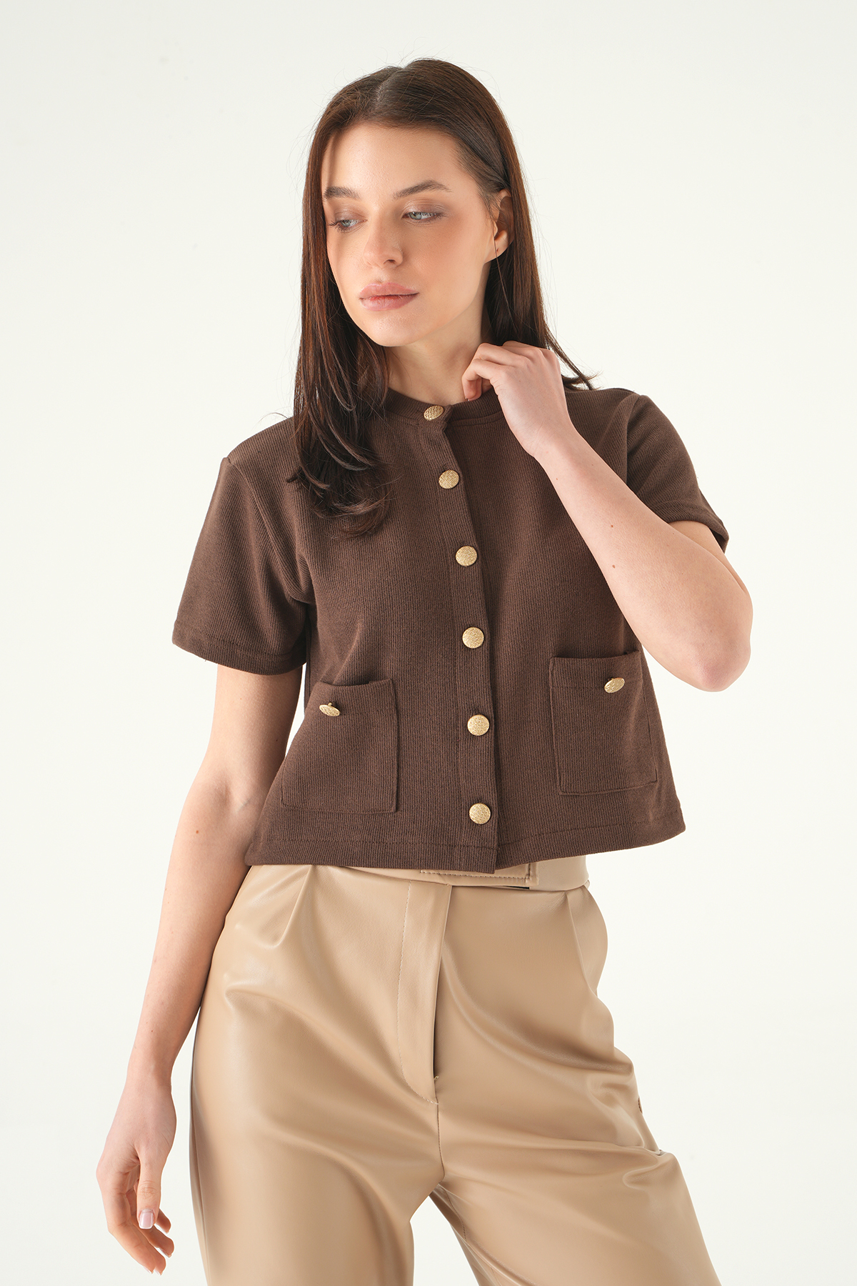 Kahve Ön Cepli Düğmeli Bluz 3076A - 2