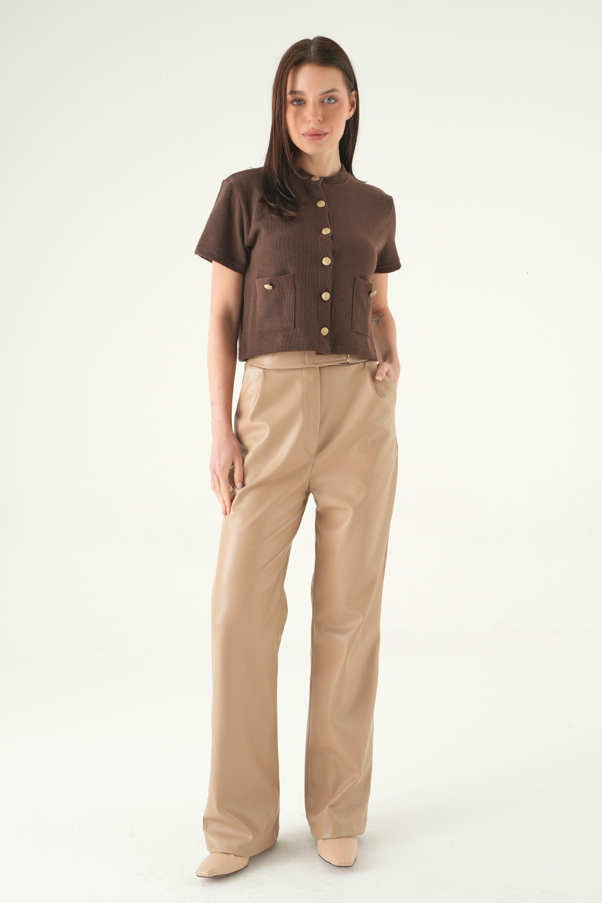 Kahve Ön Cepli Düğmeli Bluz 3076A - 3