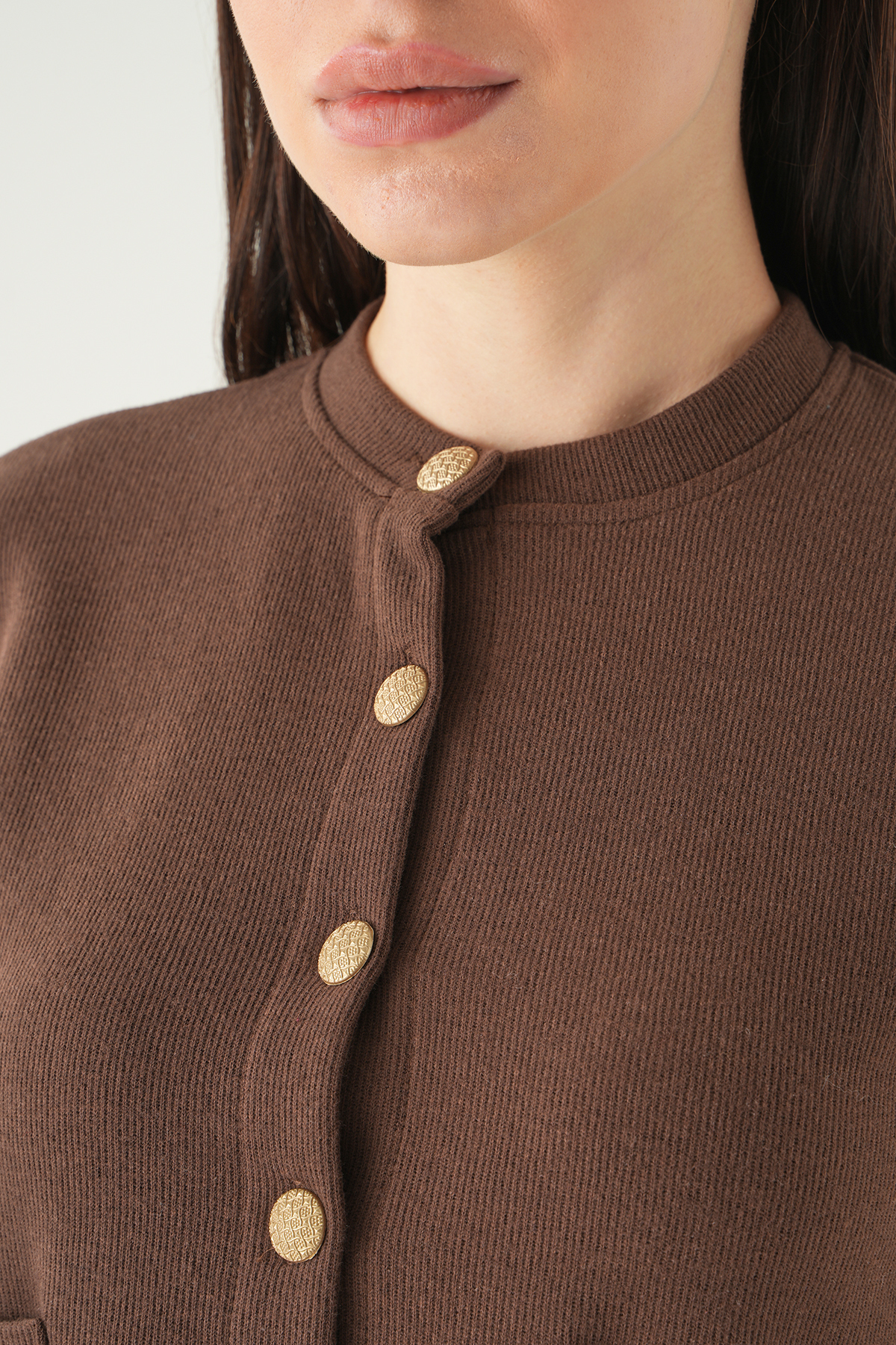 Kahve Ön Cepli Düğmeli Bluz 3076A - 4