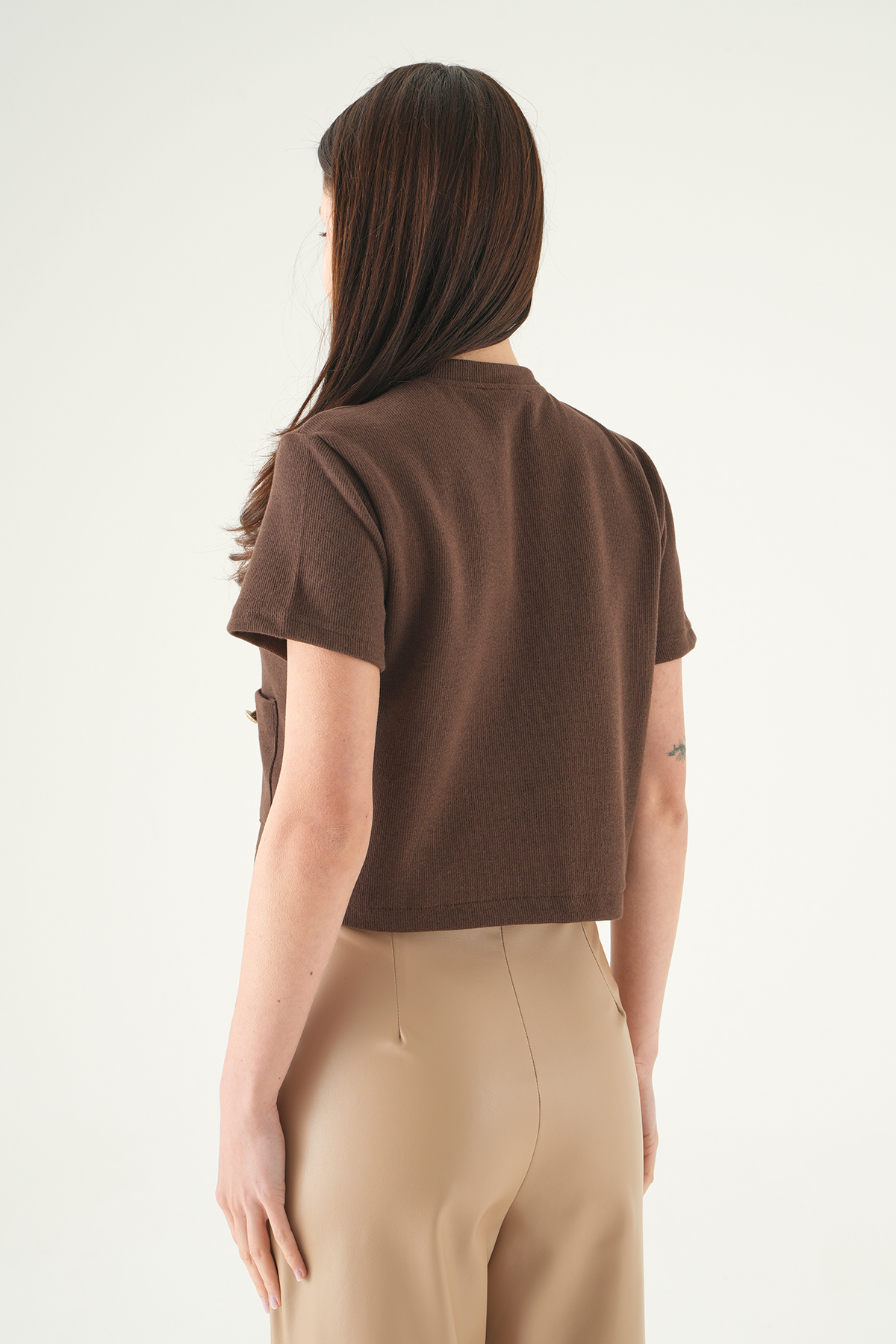 Kahve Ön Cepli Düğmeli Bluz 3076A - 5