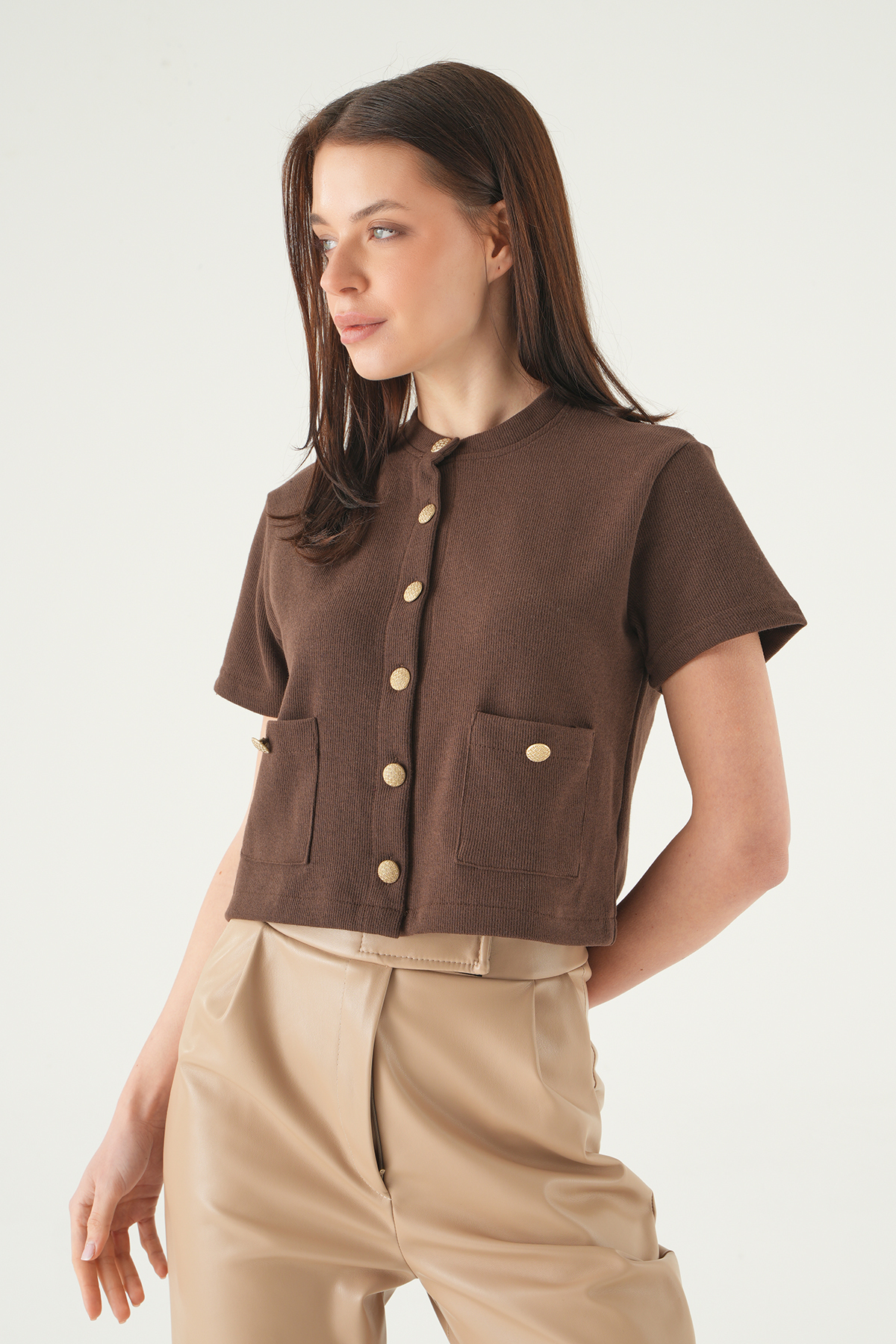 Kahve Ön Cepli Düğmeli Bluz 3076A - 7
