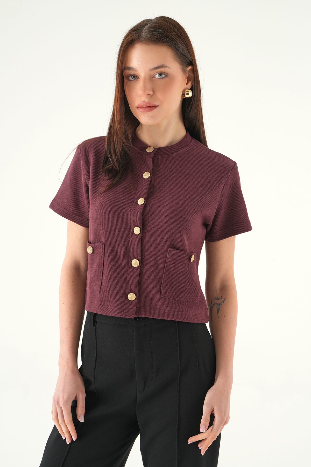 Mürdüm Ön Cepli Düğmeli Bluz 3076A 