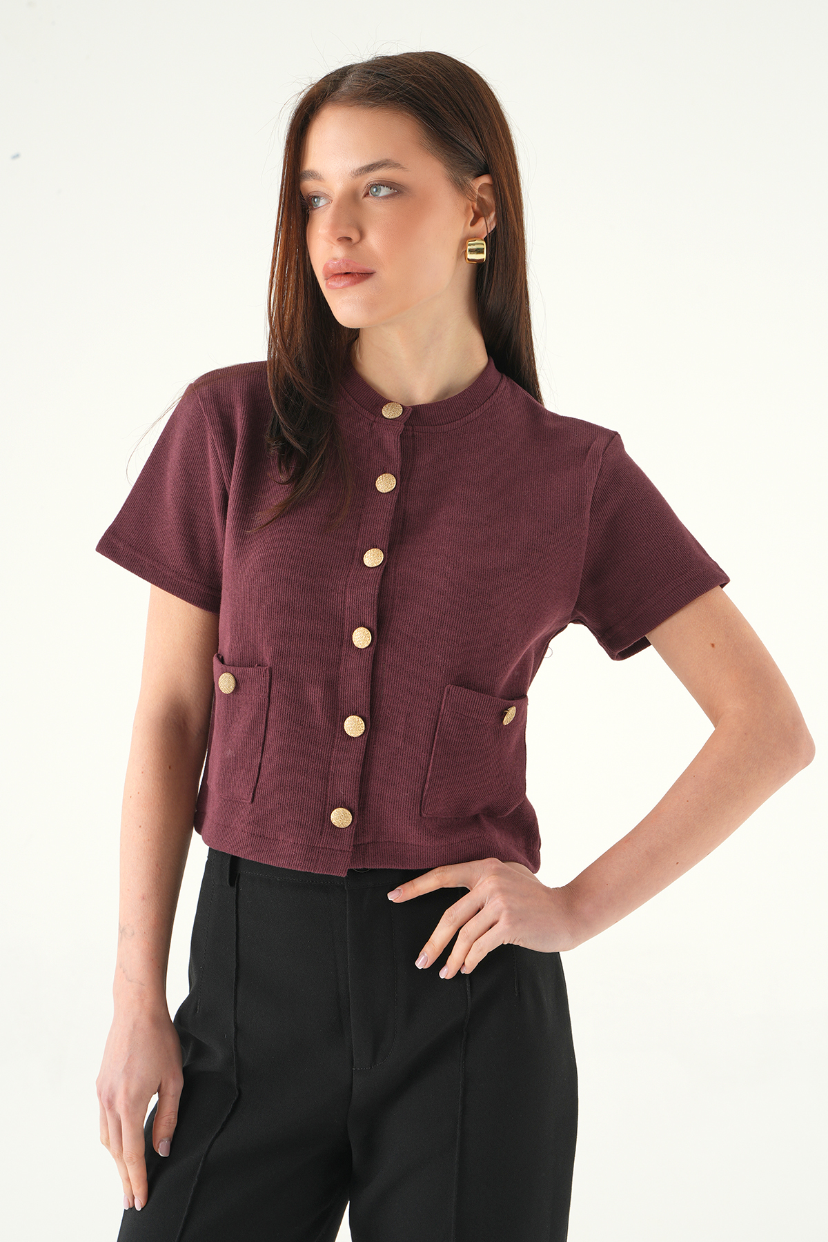 Mürdüm Ön Cepli Düğmeli Bluz 3076A - 2