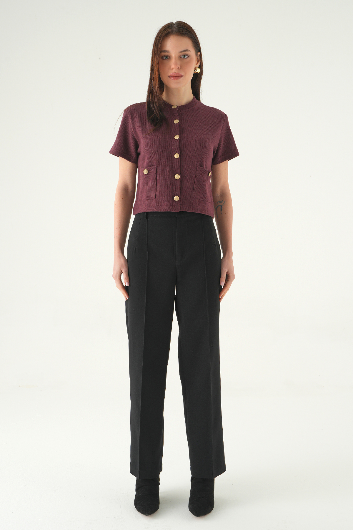 Mürdüm Ön Cepli Düğmeli Bluz 3076A - 3