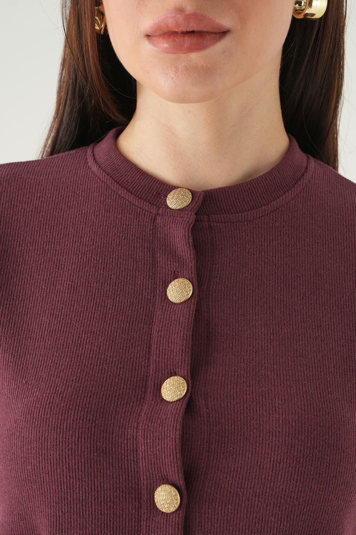 Mürdüm Ön Cepli Düğmeli Bluz 3076A - 4