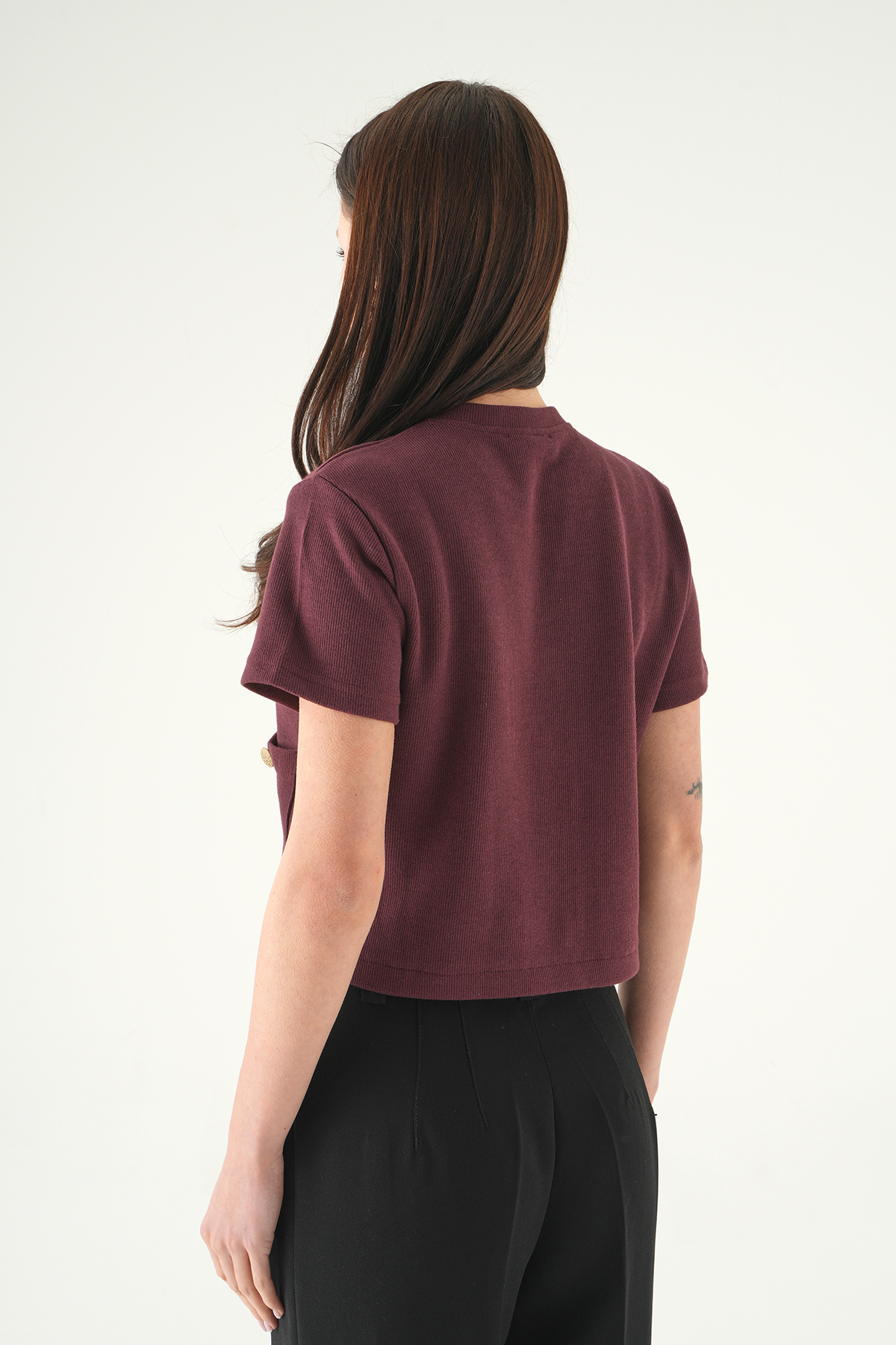 Mürdüm Ön Cepli Düğmeli Bluz 3076A - 5