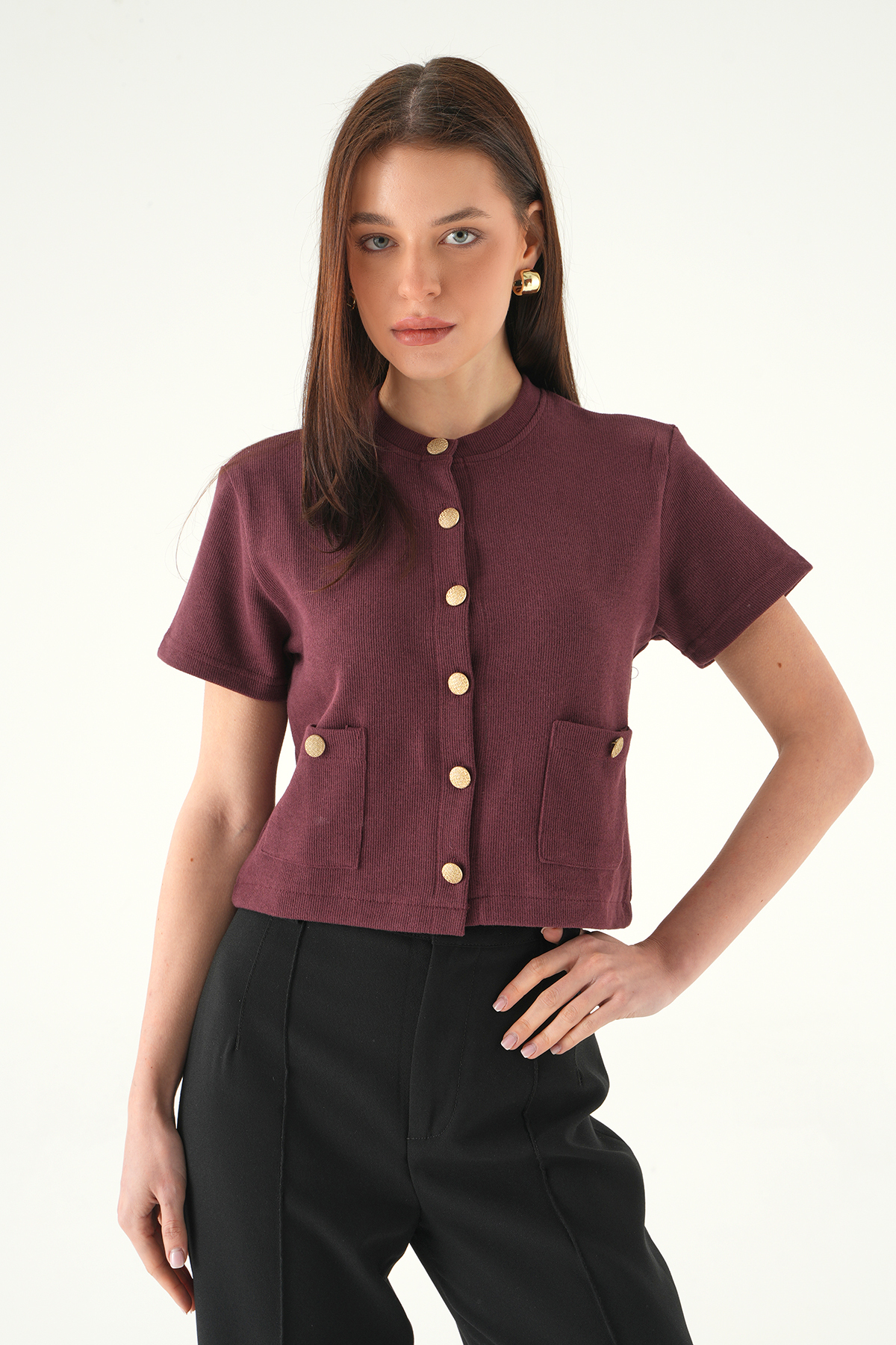 Mürdüm Ön Cepli Düğmeli Bluz 3076A - 6