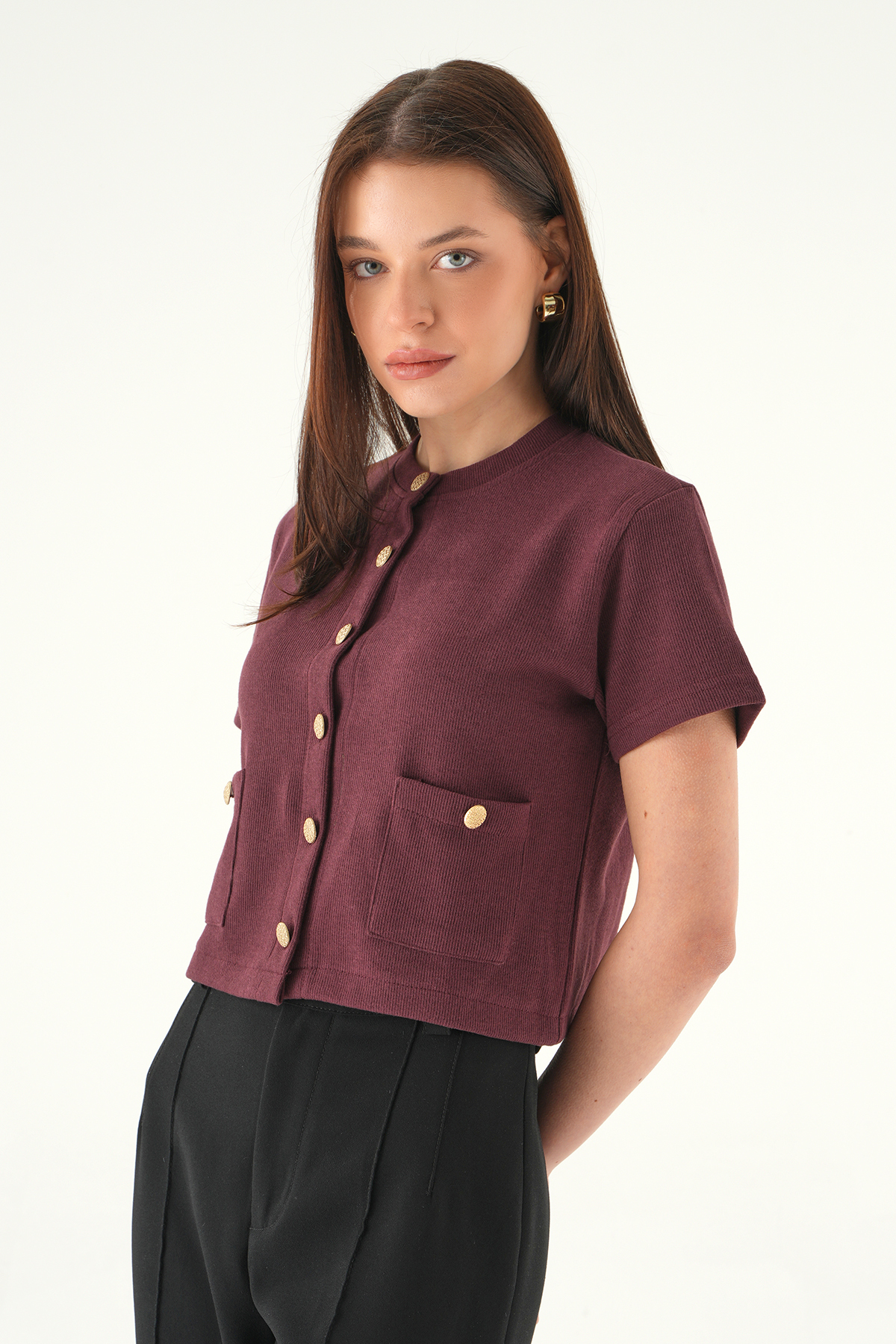 Mürdüm Ön Cepli Düğmeli Bluz 3076A - 7