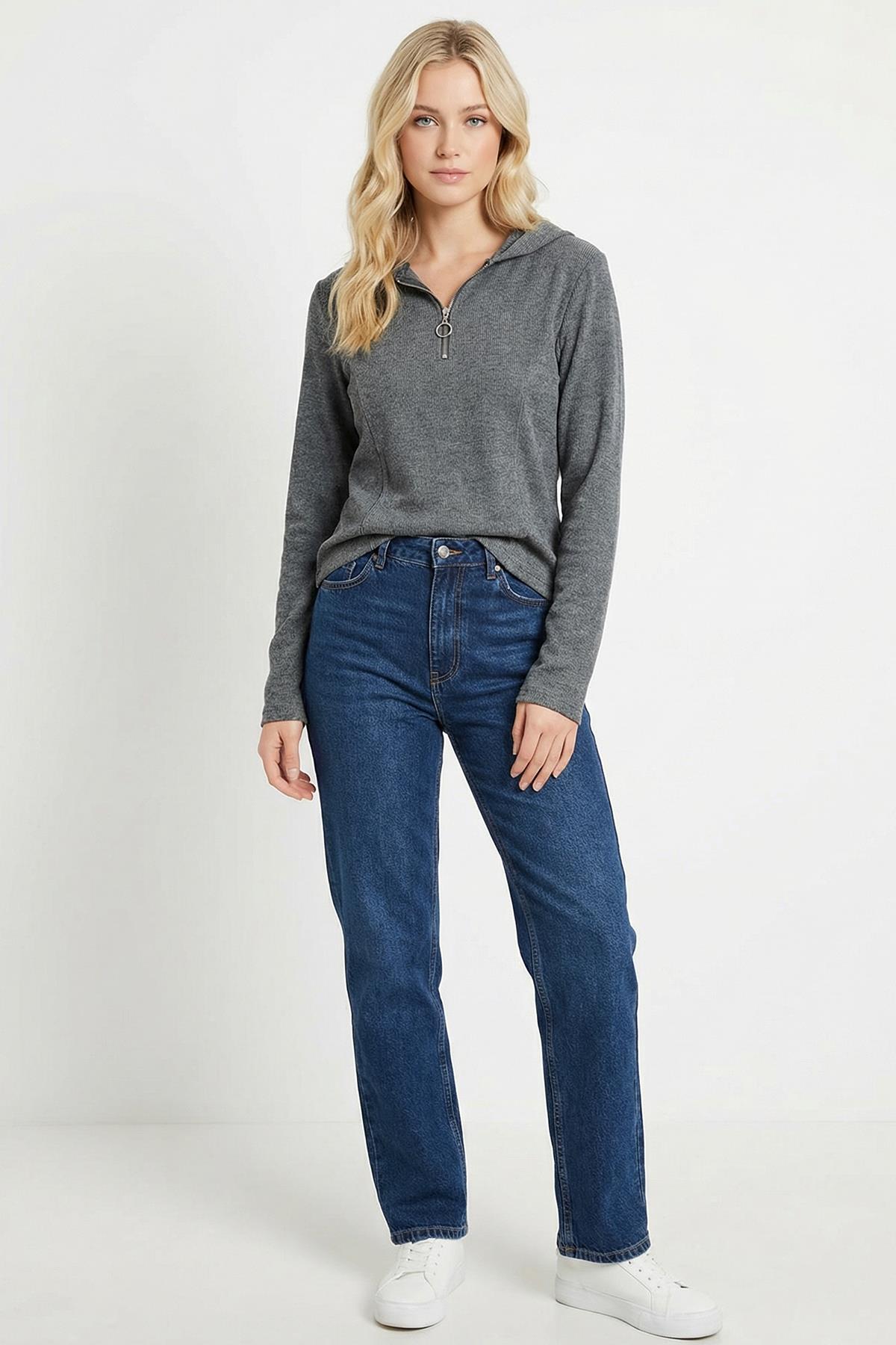 3078A Fermuarlı Kapüşonlu Kazak Antrasit - RAYS