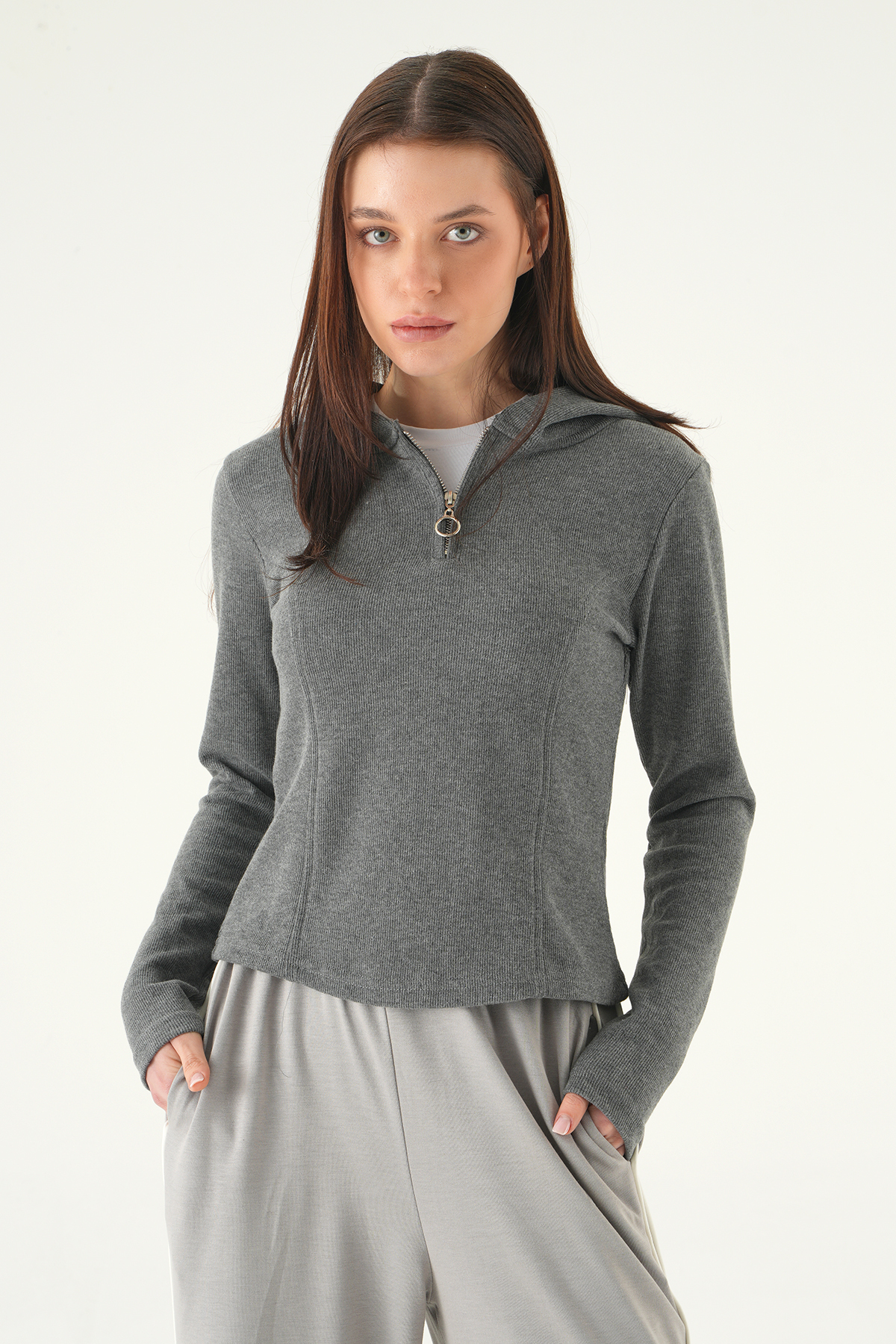 3078A Fermuarlı Kapüşonlu Kazak Antrasit - RAYS