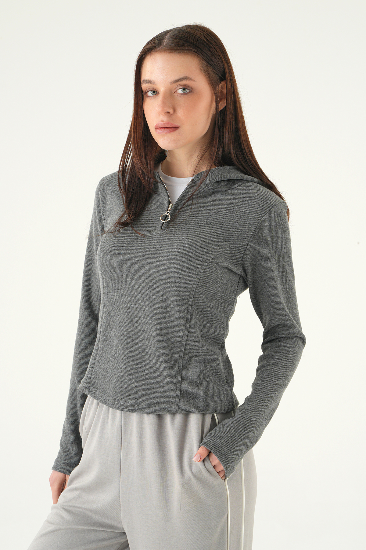 Antrasit Fermuarlı Kapüşonlu Kazak 3078A - 1