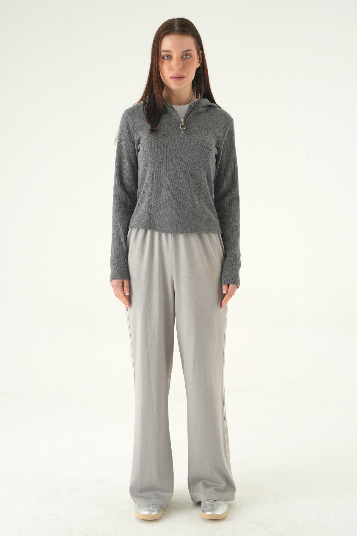 Antrasit Fermuarlı Kapüşonlu Kazak 3078A - 3