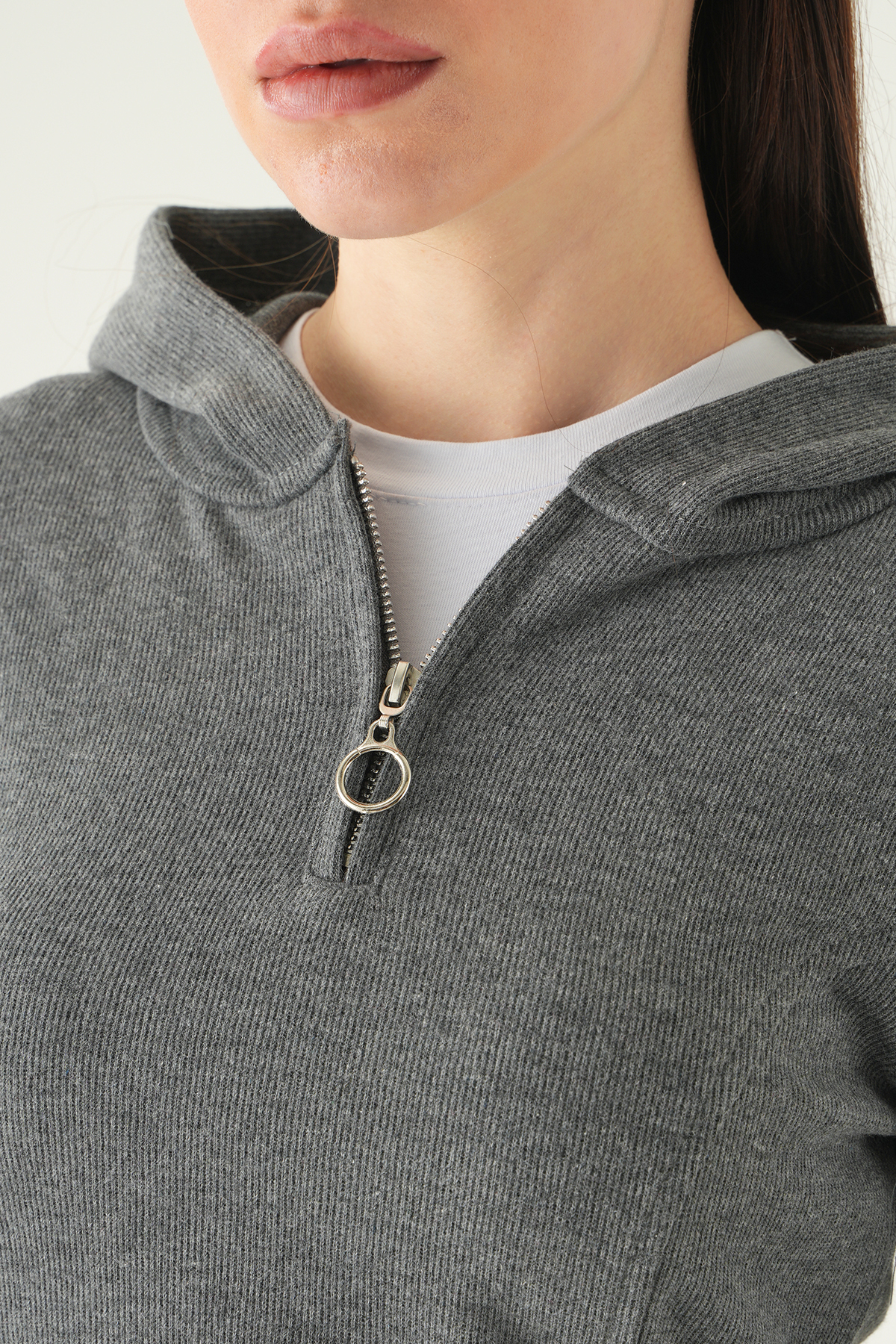 Antrasit Fermuarlı Kapüşonlu Kazak 3078A - 4