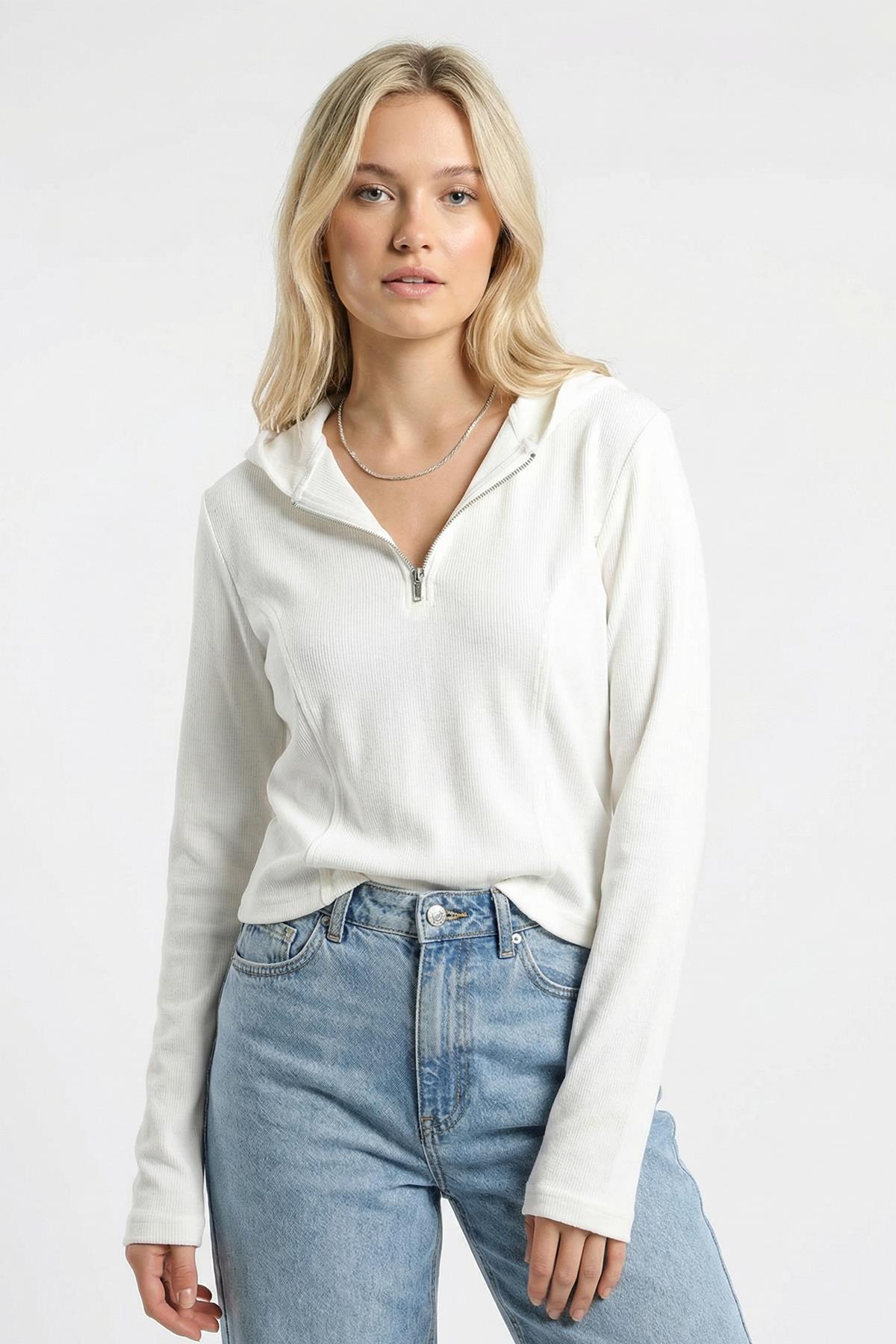 3078A Fermuarlı Kapüşonlu Kazak Ekru - RAYS