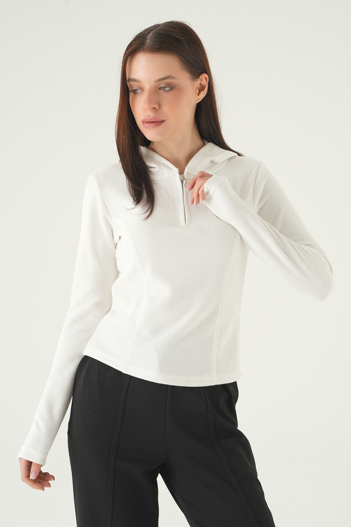 3078A Fermuarlı Kapüşonlu Kazak Ekru - RAYS (1)