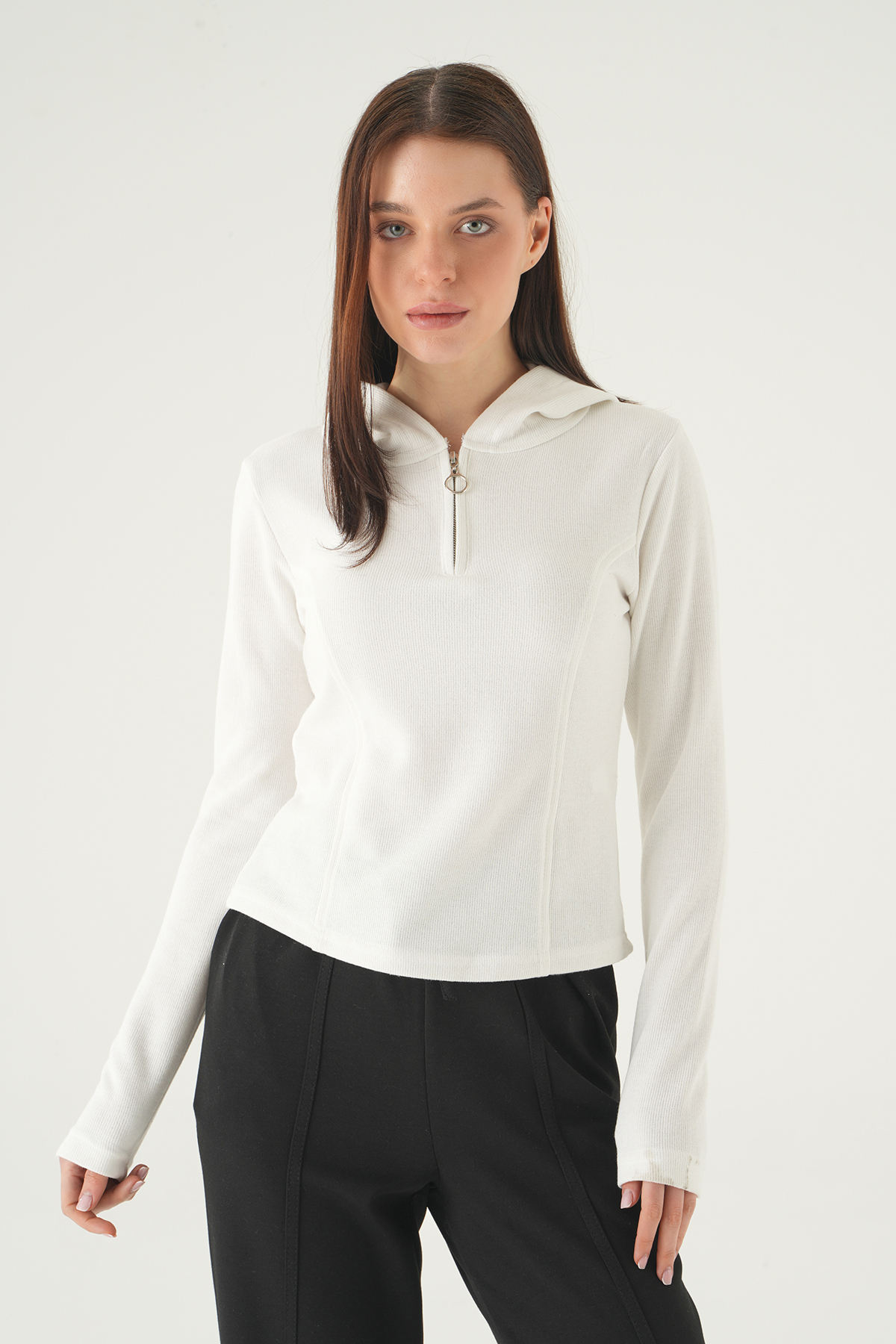 Ekru Fermuarlı Kapüşonlu Kazak 3078A - 1