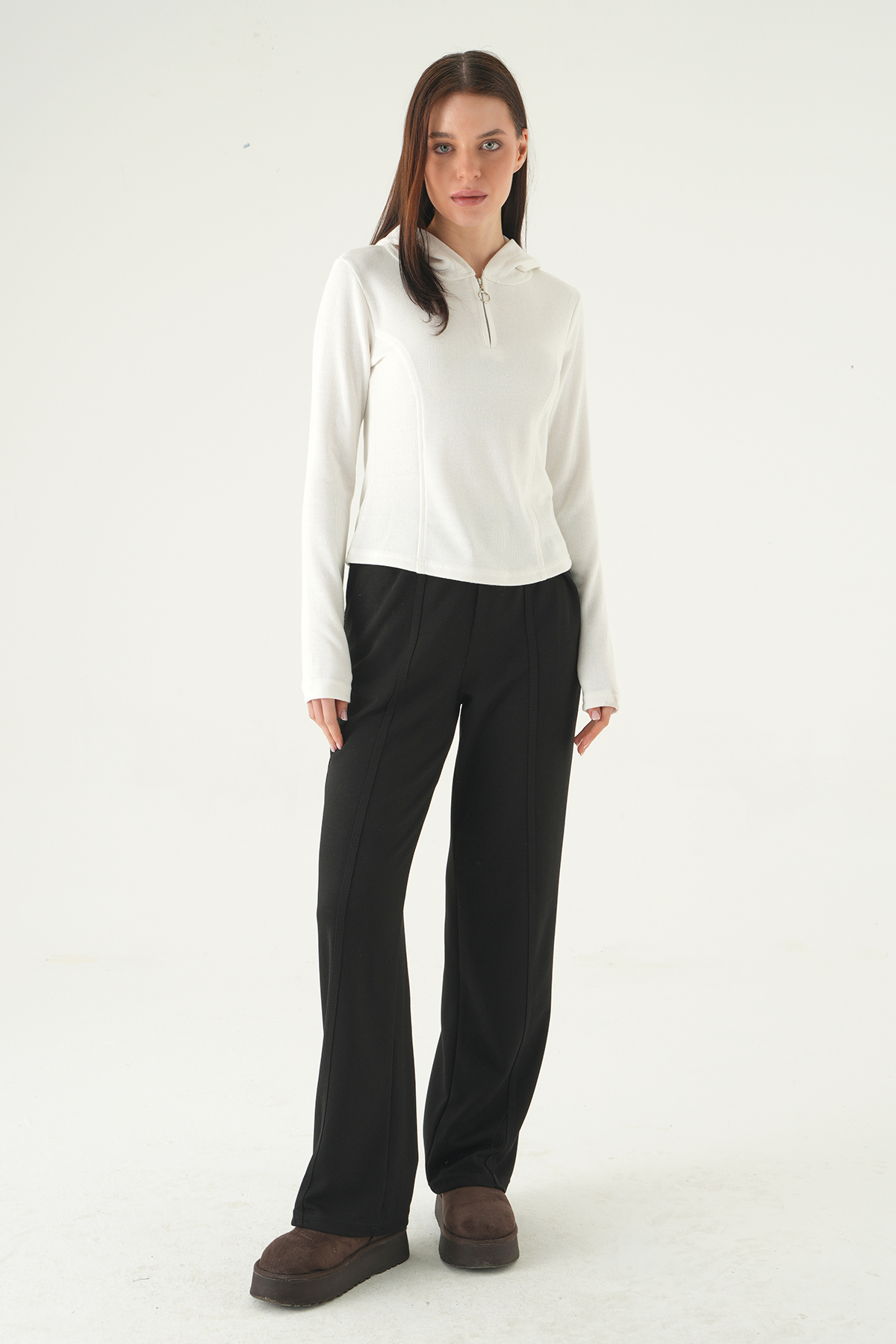 Ekru Fermuarlı Kapüşonlu Kazak 3078A - 3