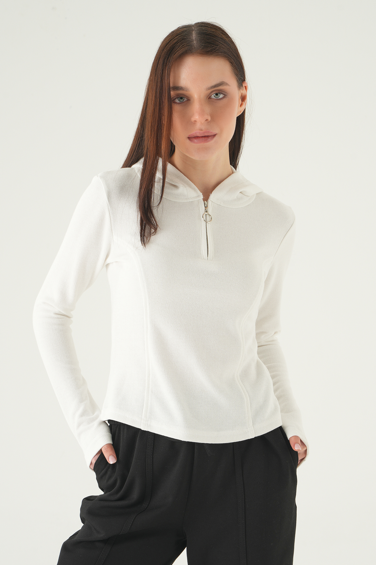 Ekru Fermuarlı Kapüşonlu Kazak 3078A - 6