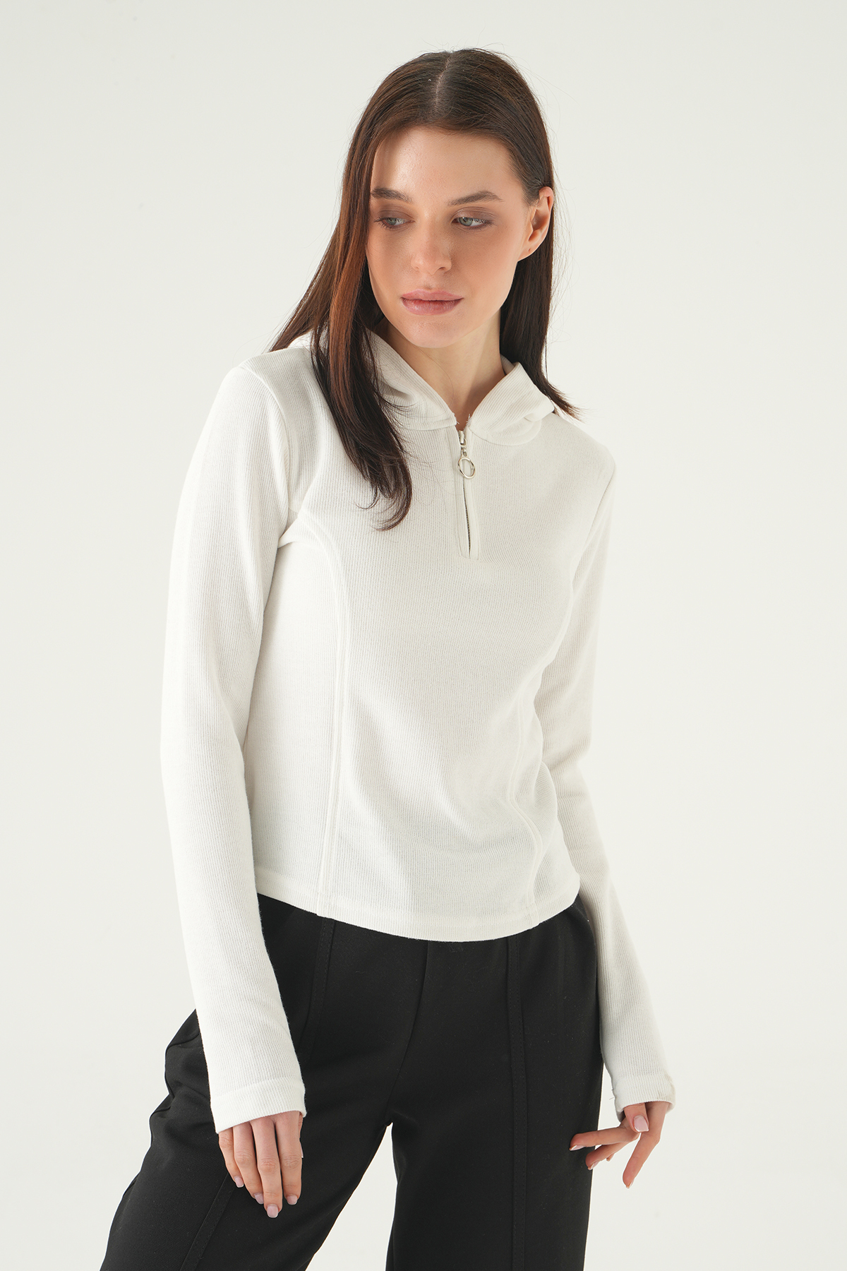 Ekru Fermuarlı Kapüşonlu Kazak 3078A - 7