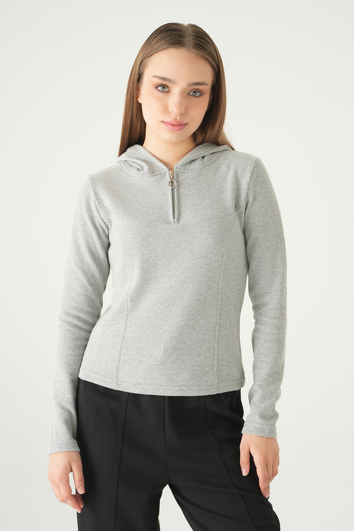 3078A Fermuarlı Kapüşonlu Kazak Gri - RAYS (1)