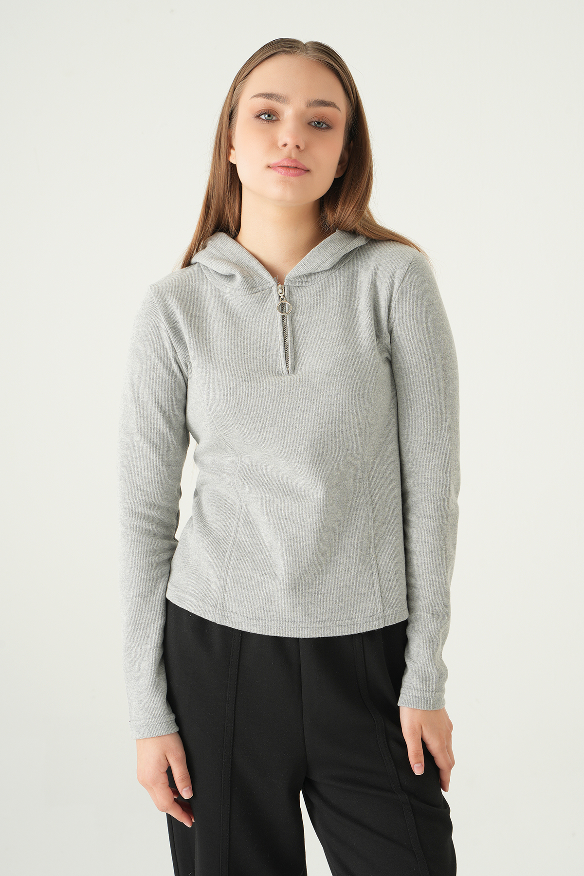 Gri Fermuarlı Kapüşonlu Kazak 3078A - 2