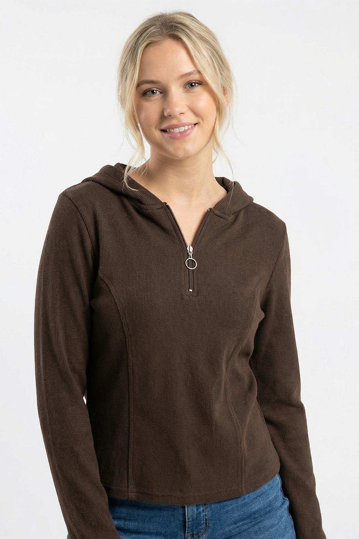 3078A Fermuarlı Kapüşonlu Kazak Kahve - RAYS